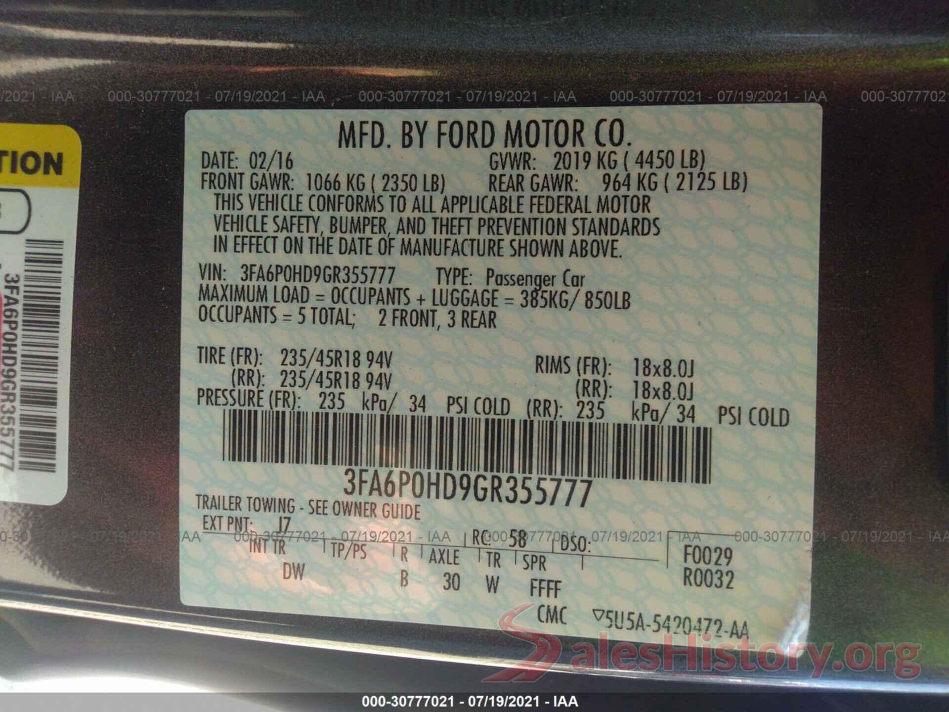 3FA6P0HD9GR355777 2016 FORD FUSION