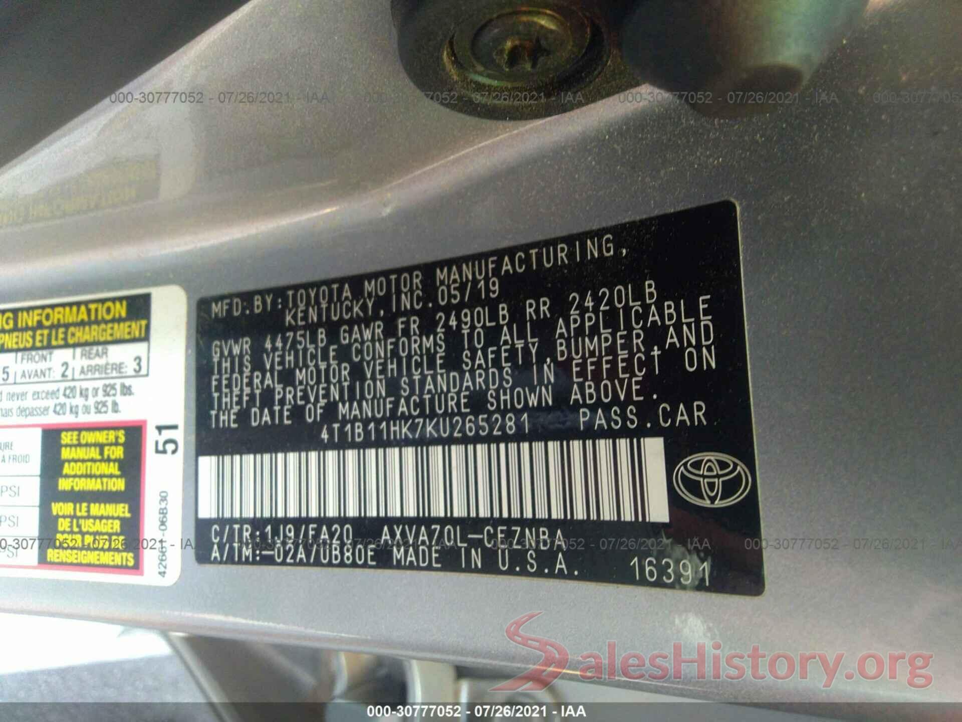 4T1B11HK7KU265281 2019 TOYOTA CAMRY