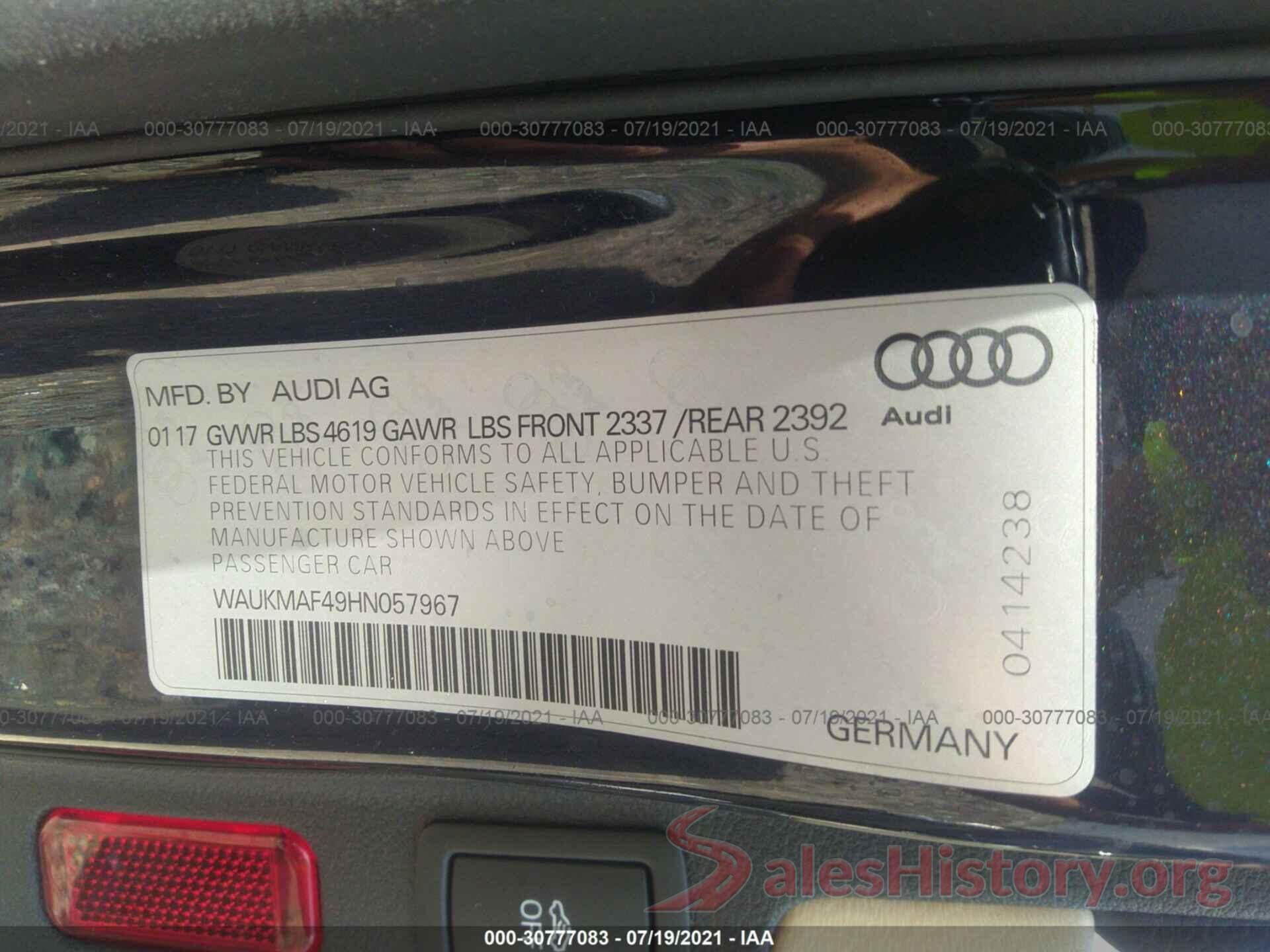 WAUKMAF49HN057967 2017 AUDI A4