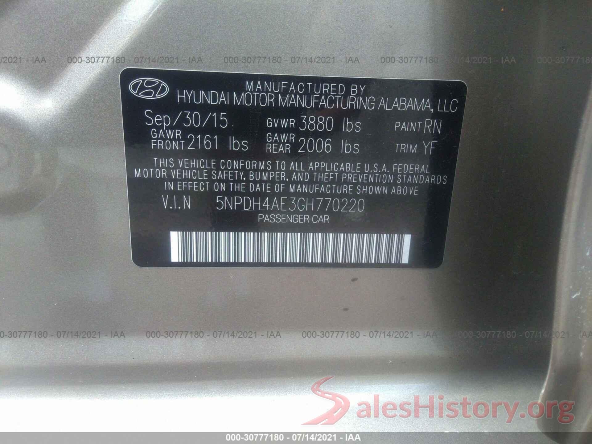 5NPDH4AE3GH770220 2016 HYUNDAI ELANTRA