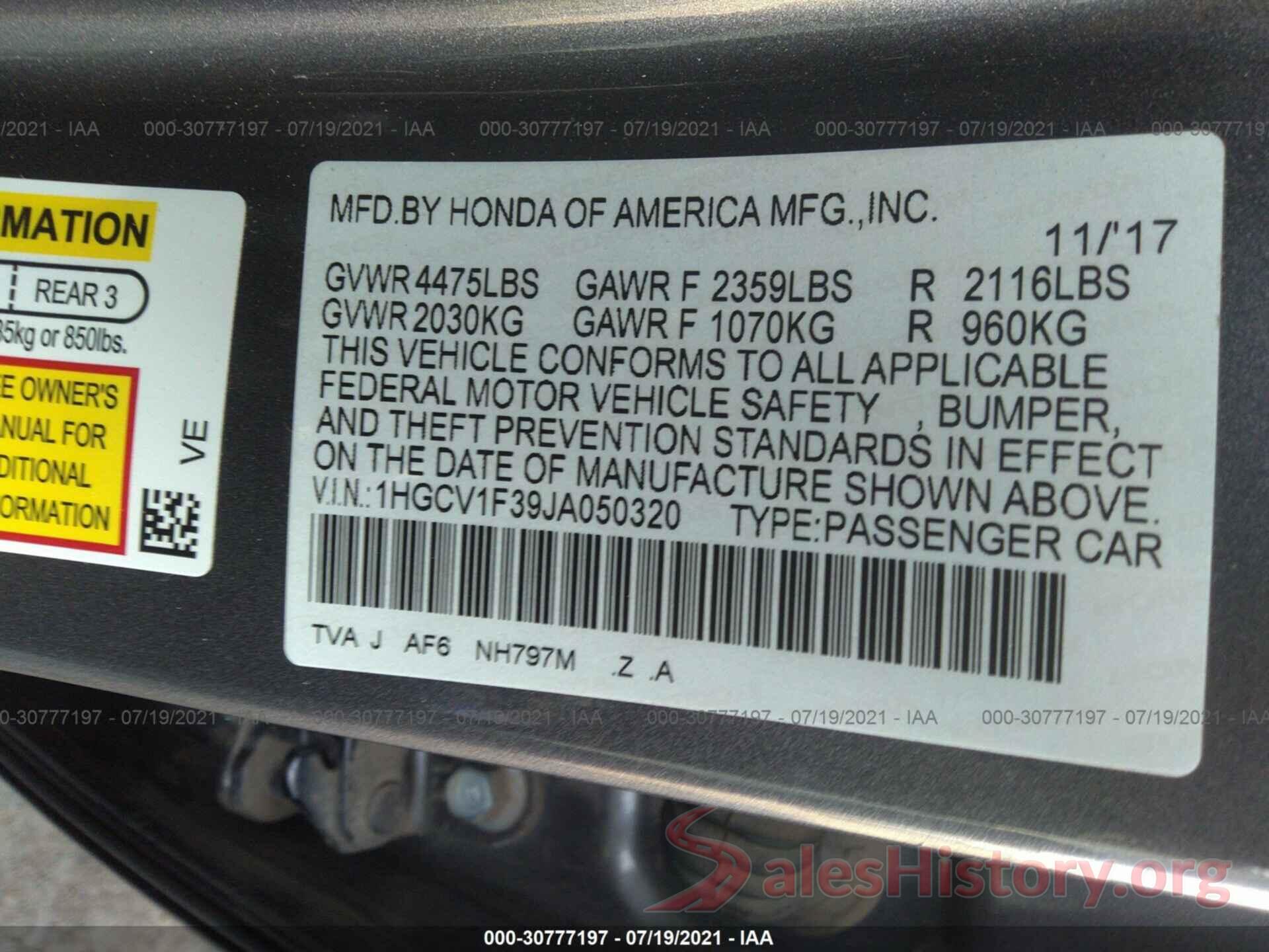 1HGCV1F39JA050320 2018 HONDA ACCORD SEDAN