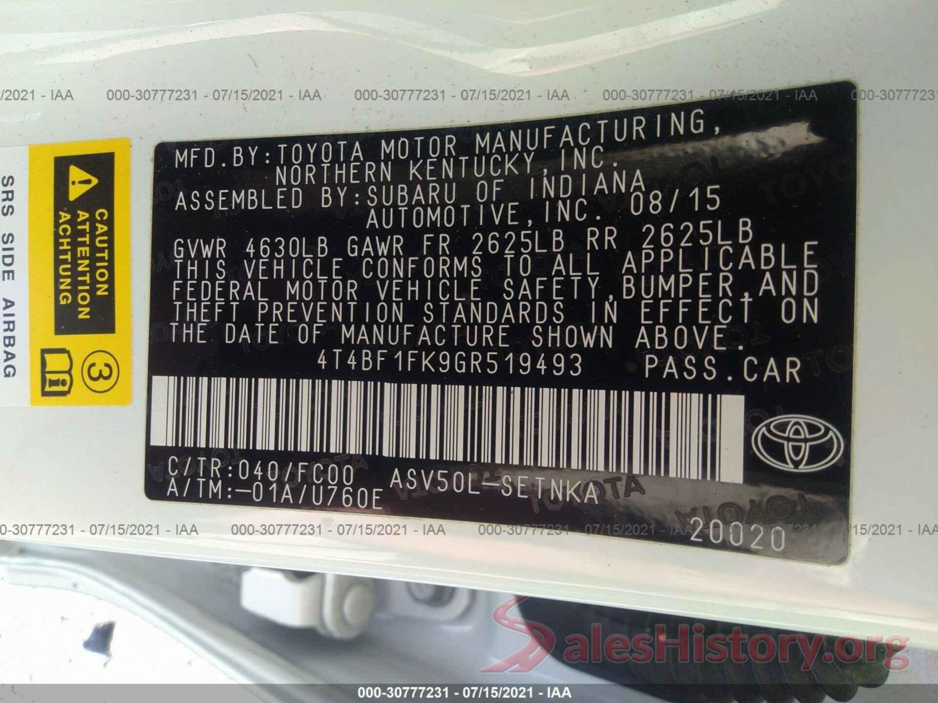 4T4BF1FK9GR519493 2016 TOYOTA CAMRY