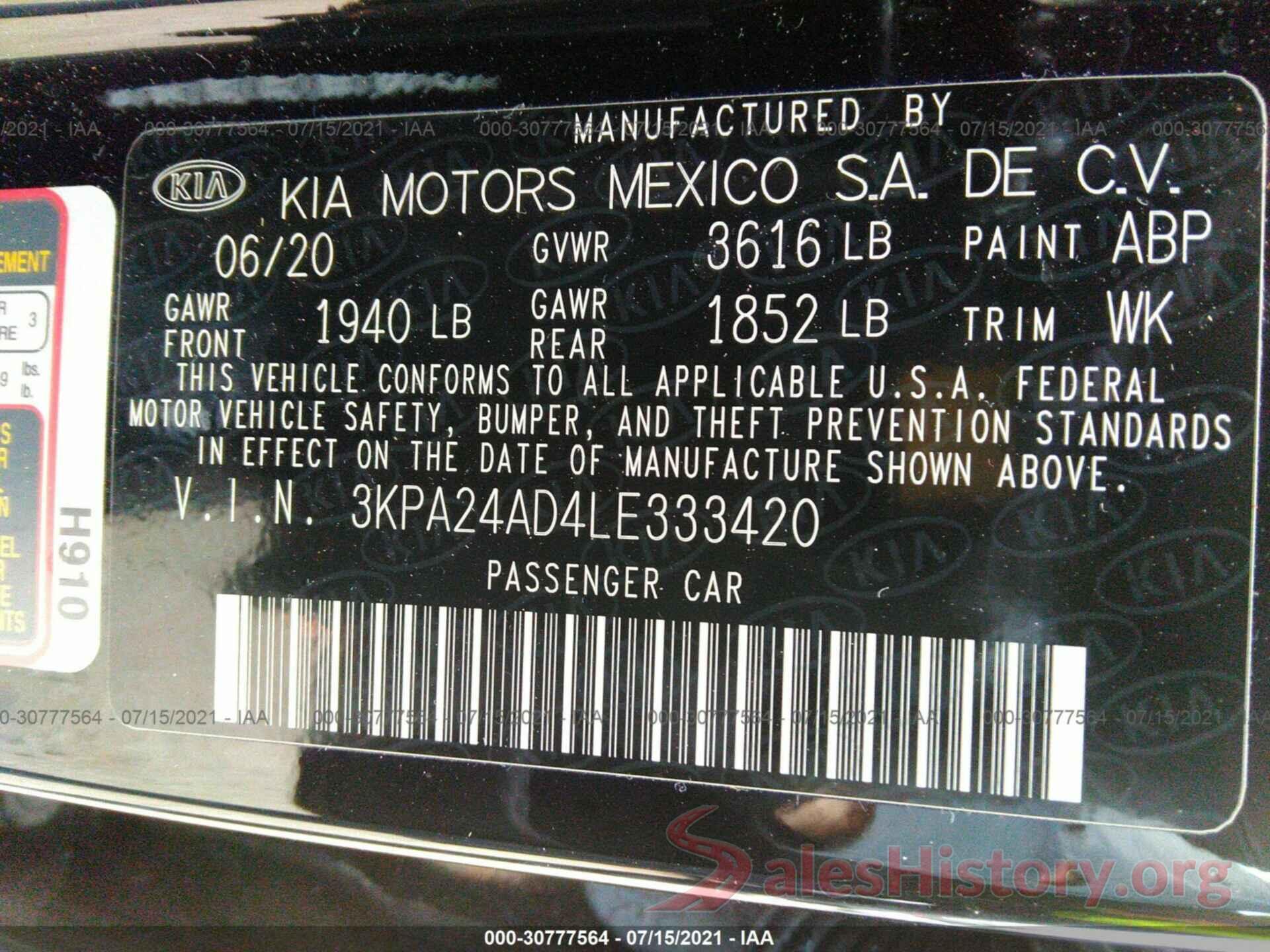 3KPA24AD4LE333420 2020 KIA RIO