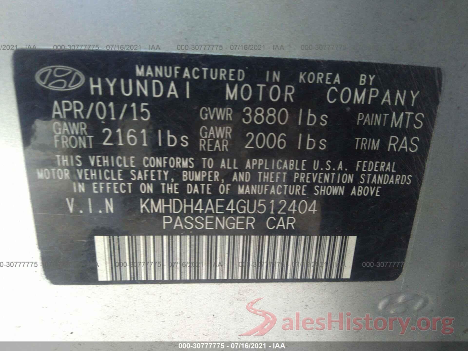 KMHDH4AE4GU512404 2016 HYUNDAI ELANTRA