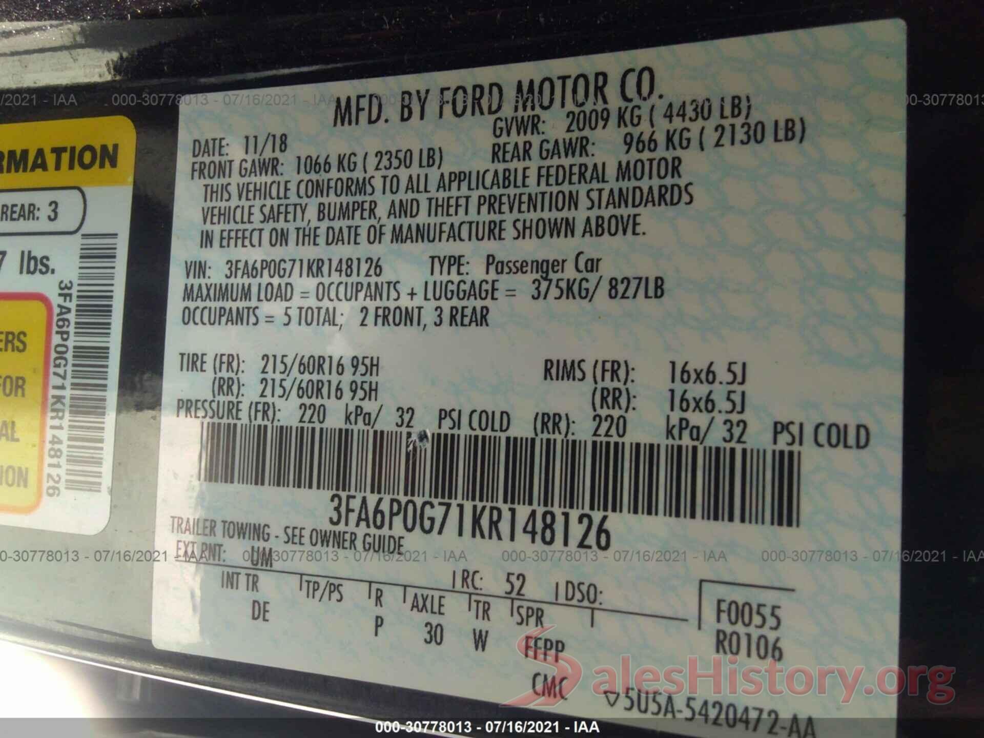 3FA6P0G71KR148126 2019 FORD FUSION