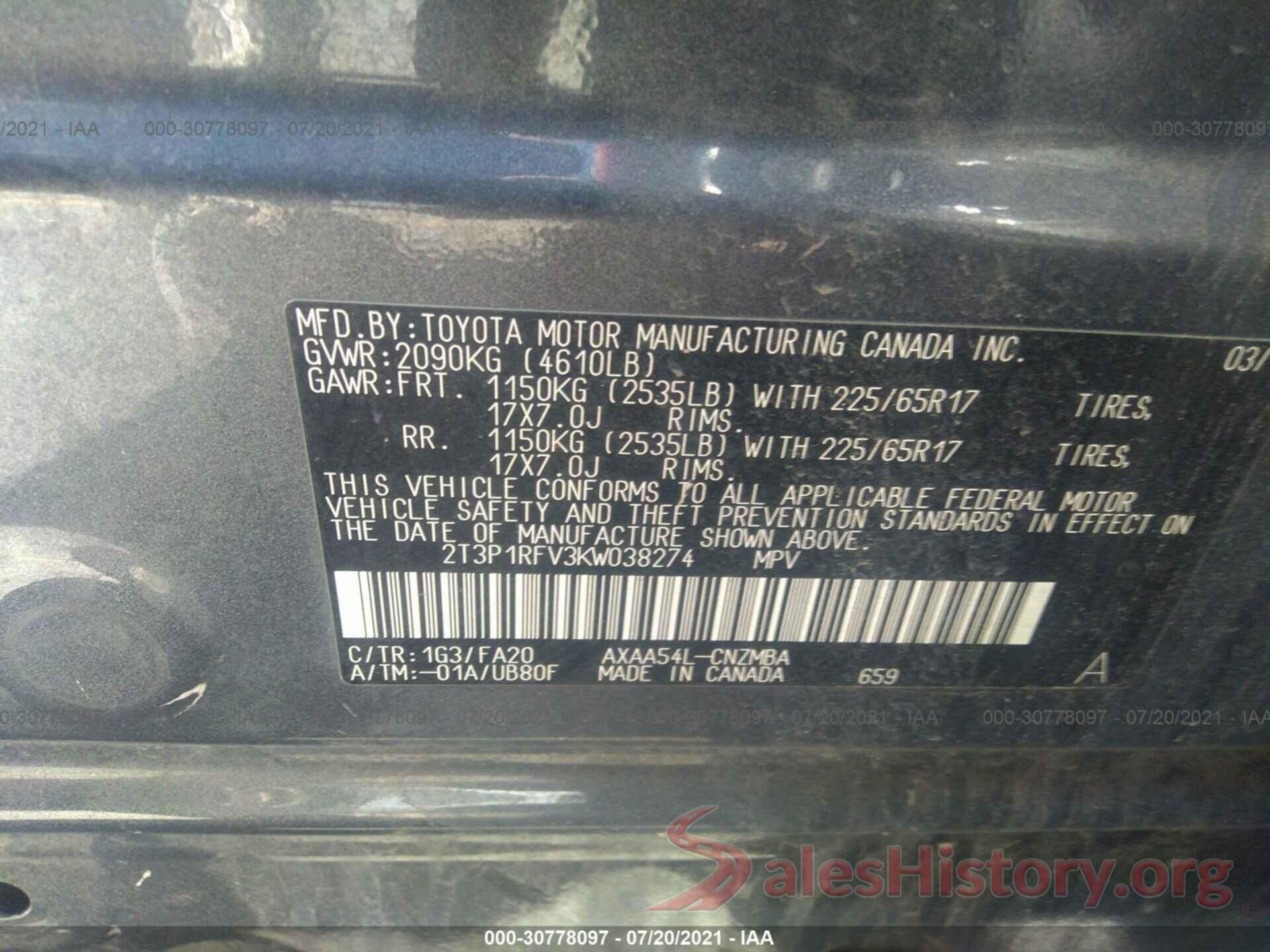 2T3P1RFV3KW038274 2019 TOYOTA RAV4