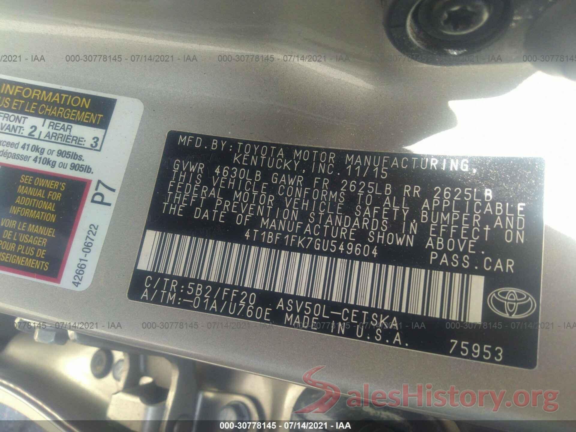 4T1BF1FK7GU549604 2016 TOYOTA CAMRY