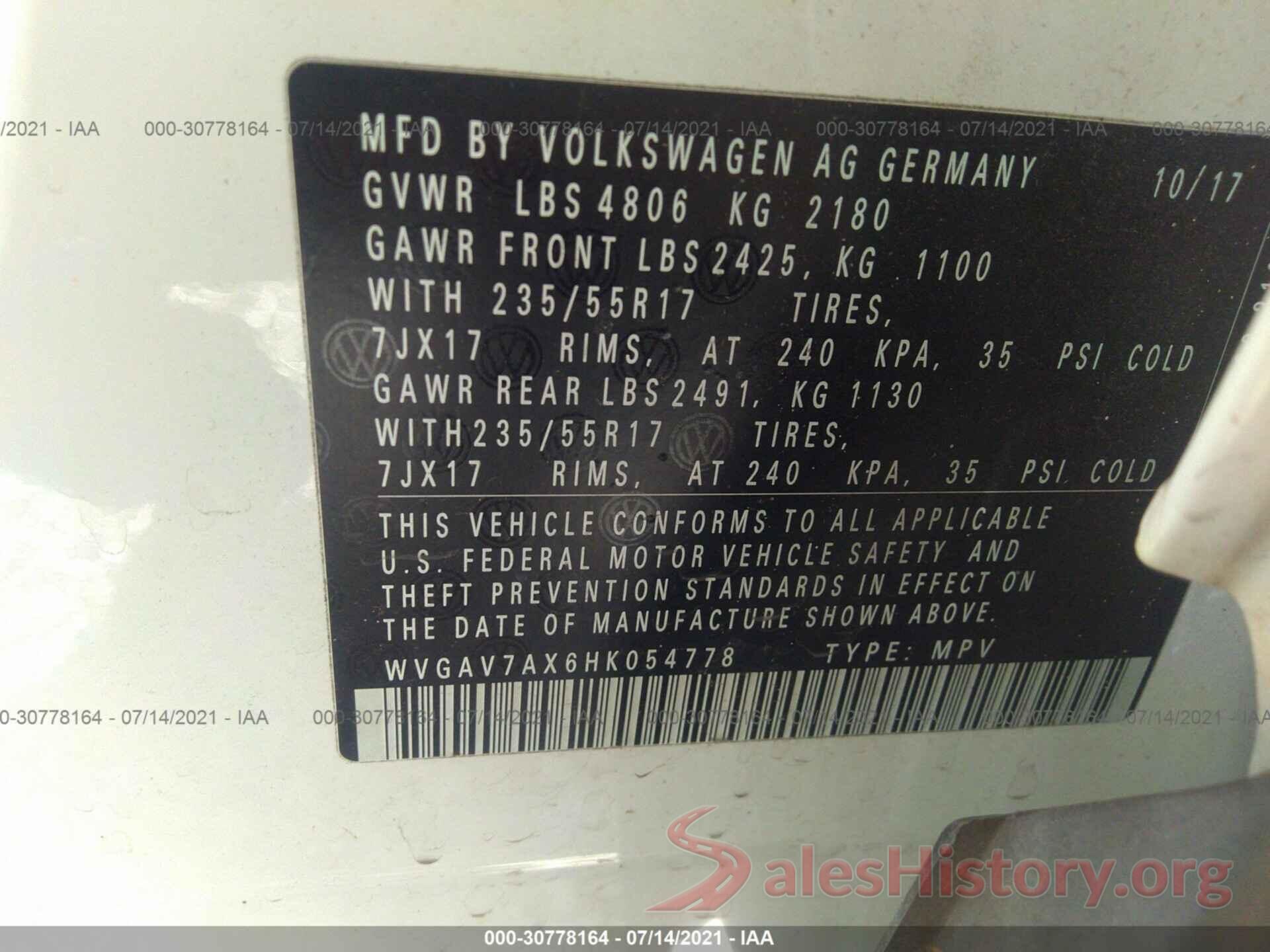 WVGAV7AX6HK054778 2017 VOLKSWAGEN TIGUAN