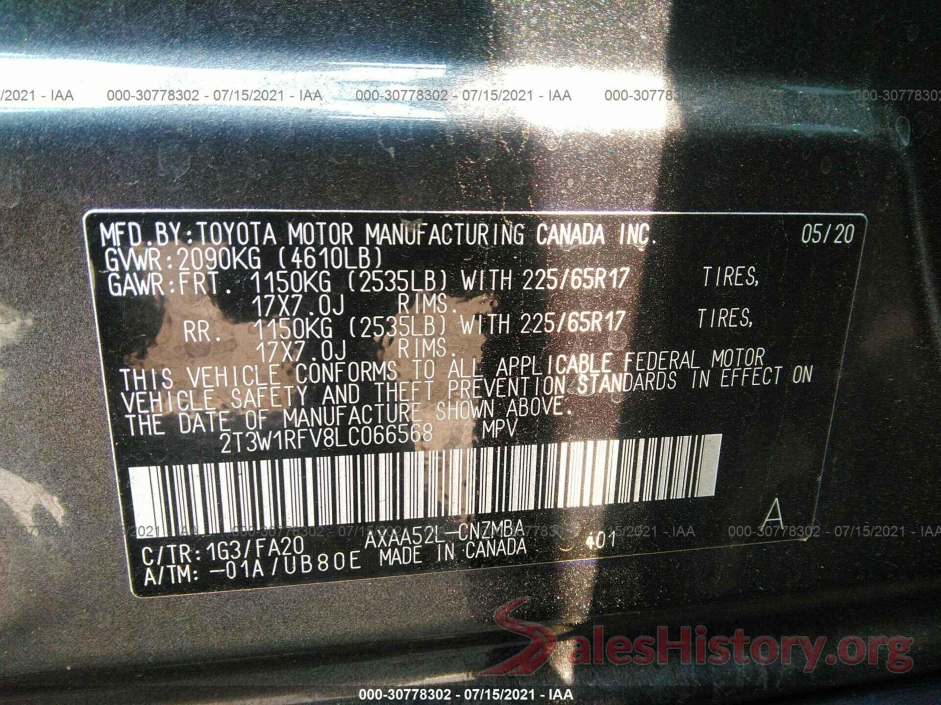 2T3W1RFV8LC066568 2020 TOYOTA RAV4