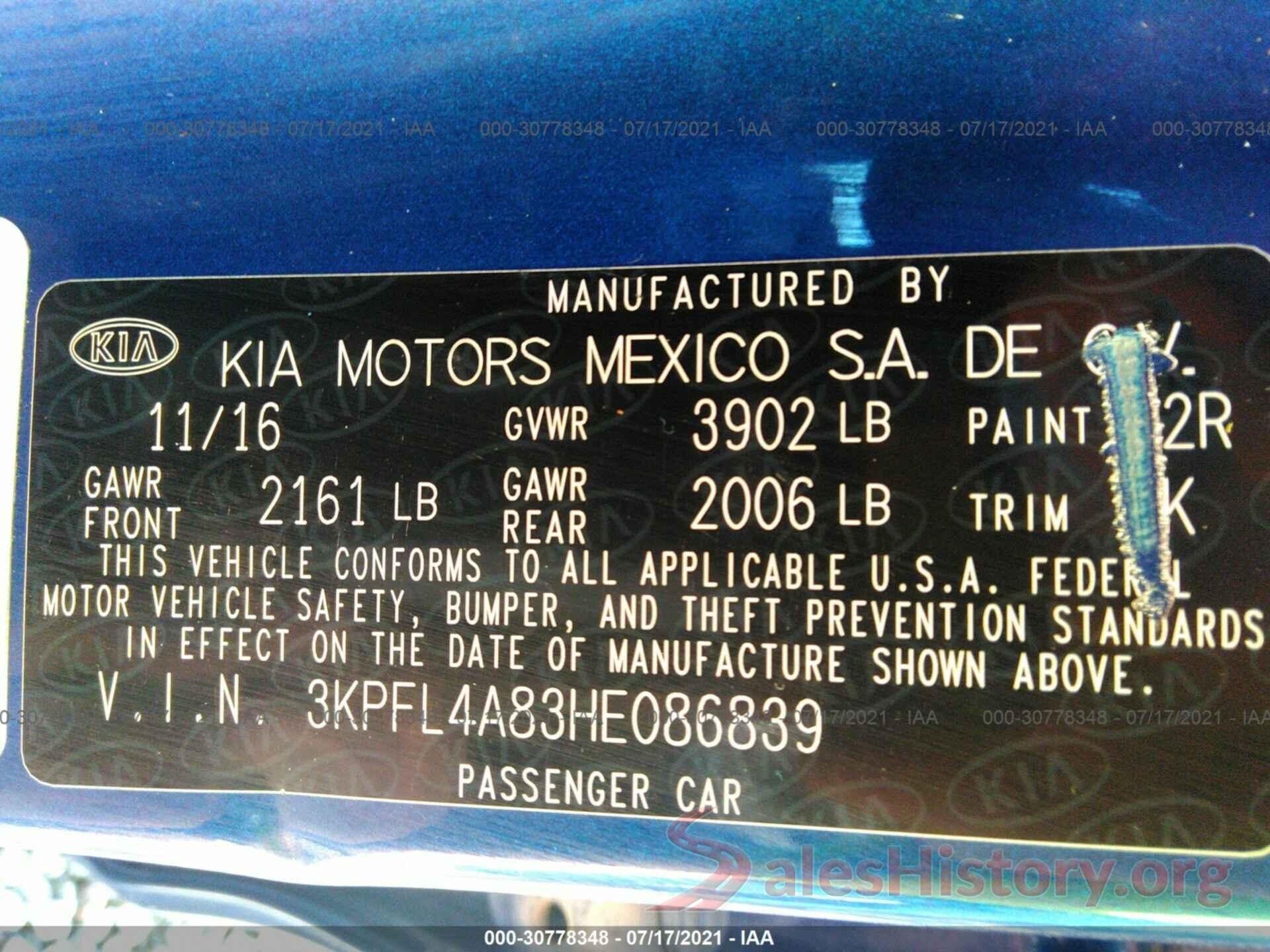 3KPFL4A83HE086839 2017 KIA FORTE