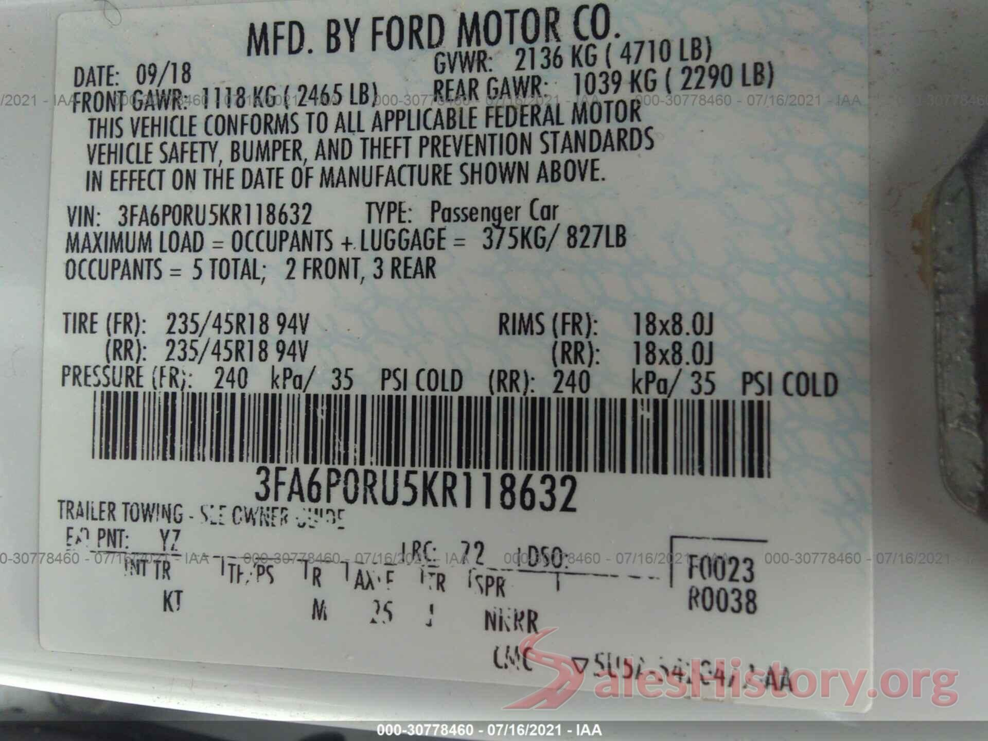 3FA6P0RU5KR118632 2019 FORD FUSION HYBRID