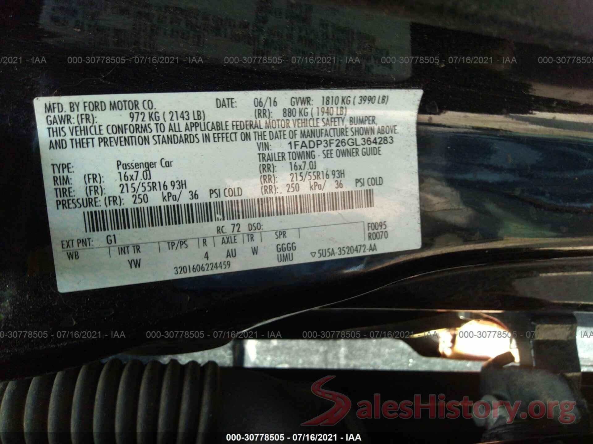 1FADP3F26GL364283 2016 FORD FOCUS