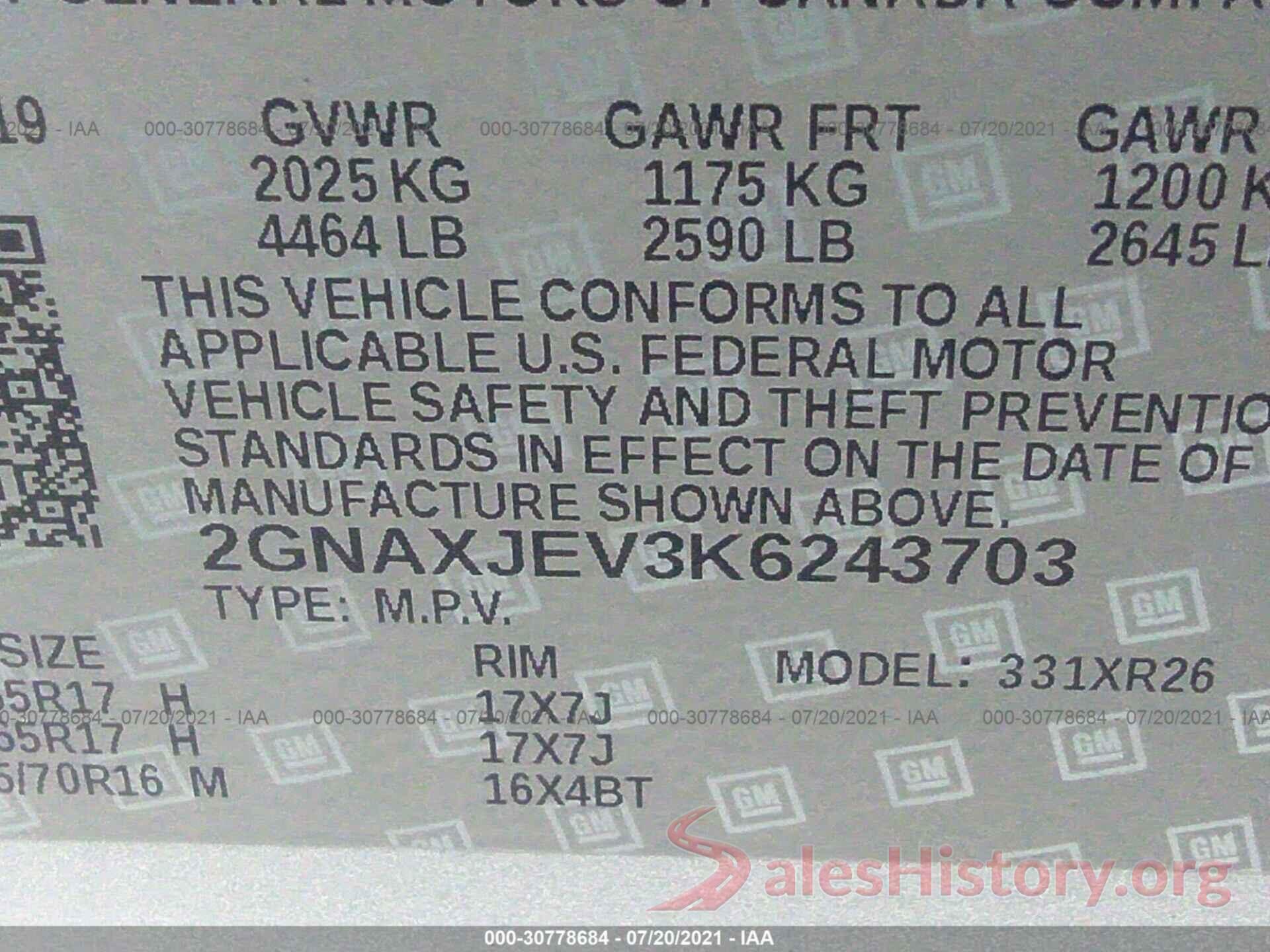 2GNAXJEV3K6243703 2019 CHEVROLET EQUINOX