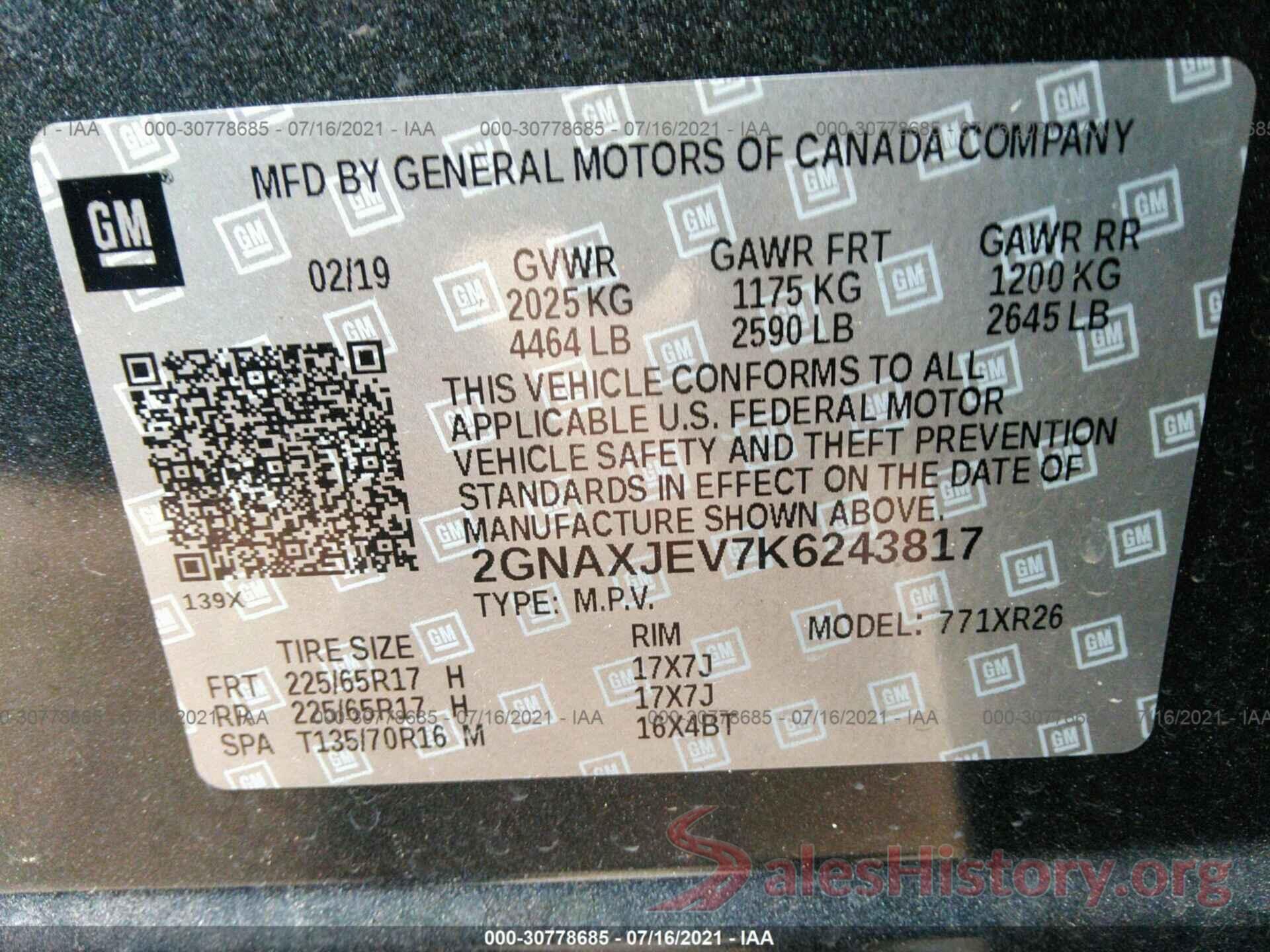 2GNAXJEV7K6243817 2019 CHEVROLET EQUINOX