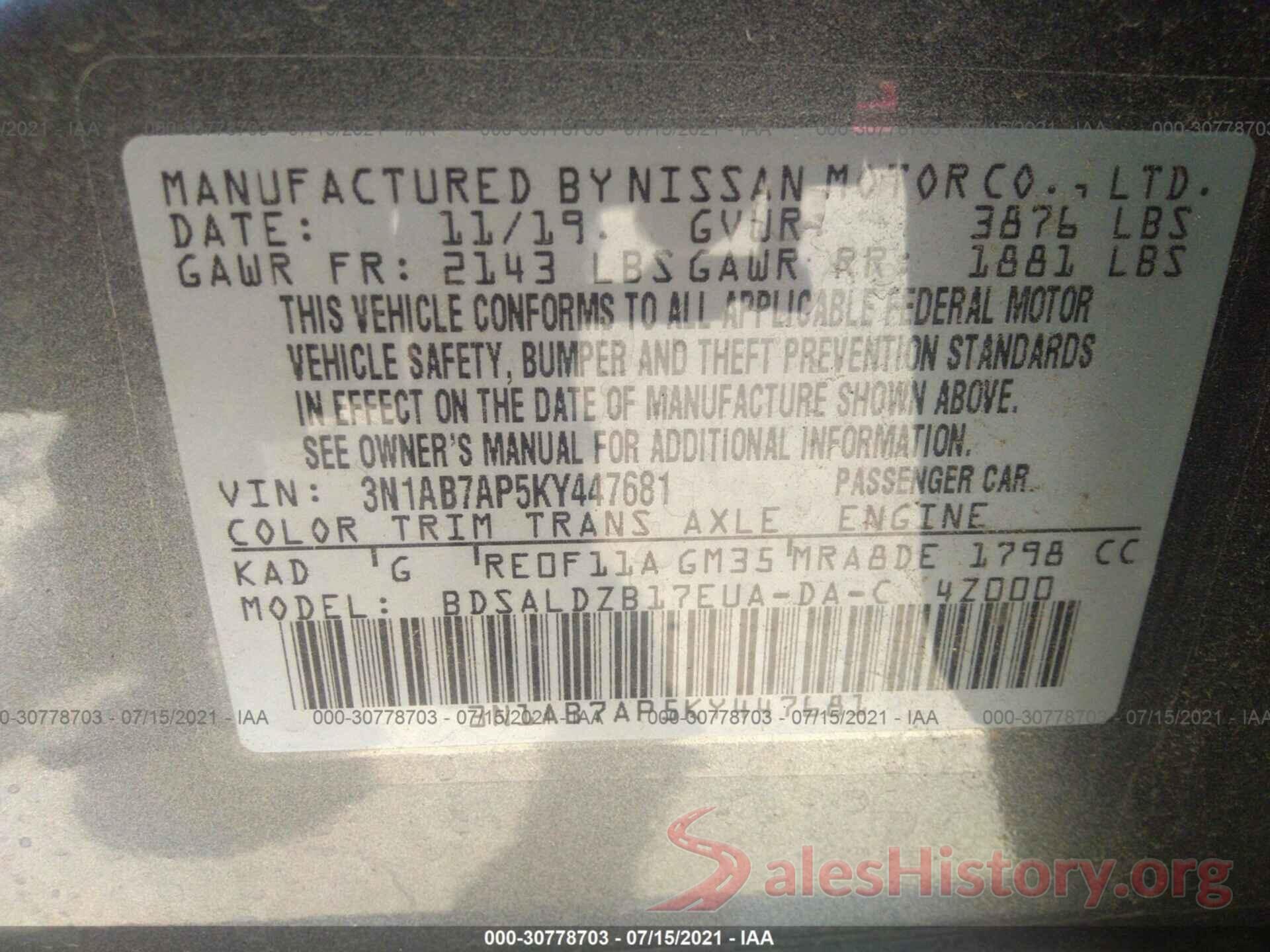 3N1AB7AP5KY447681 2019 NISSAN SENTRA