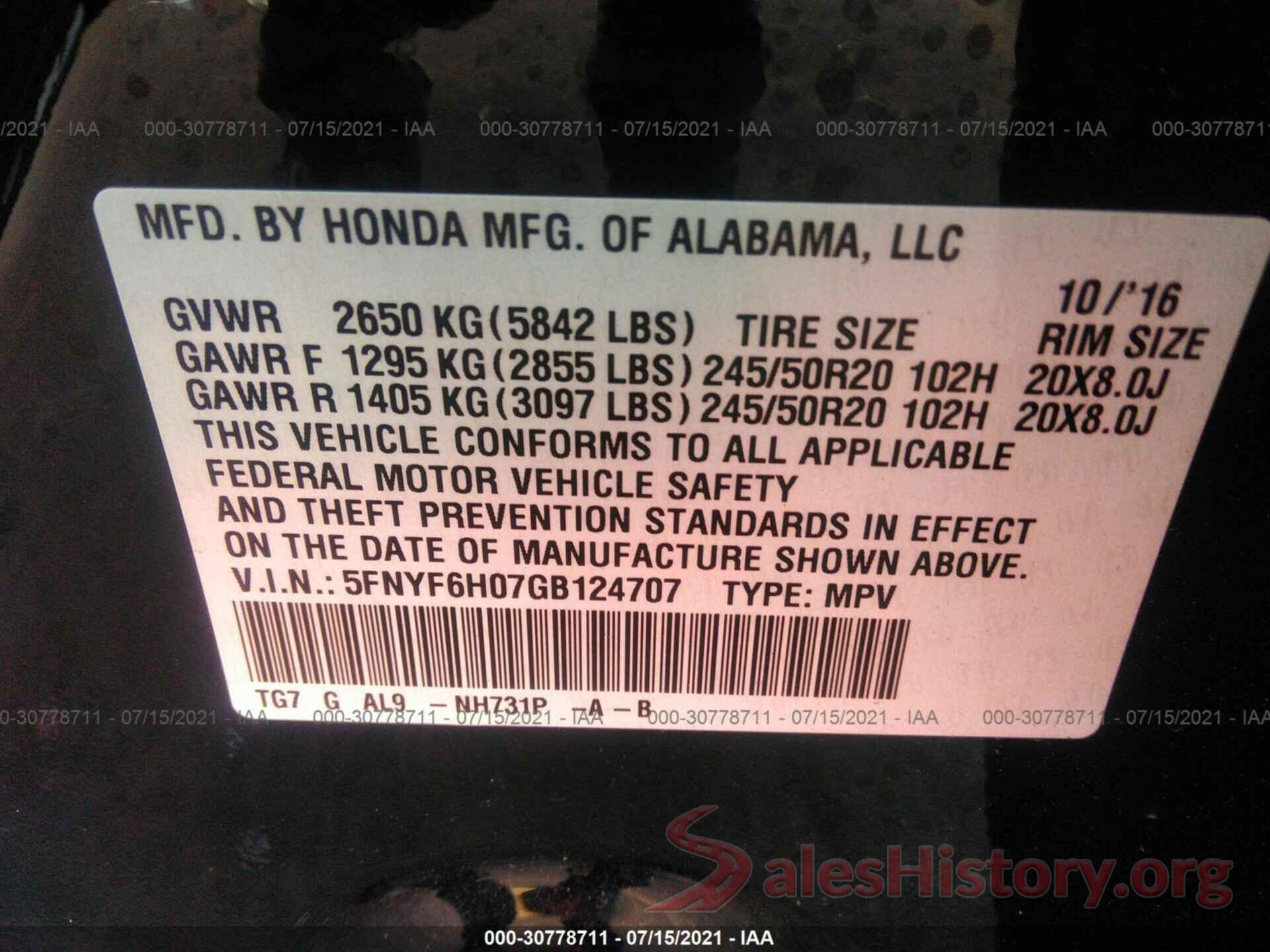 5FNYF6H07GB124707 2016 HONDA PILOT