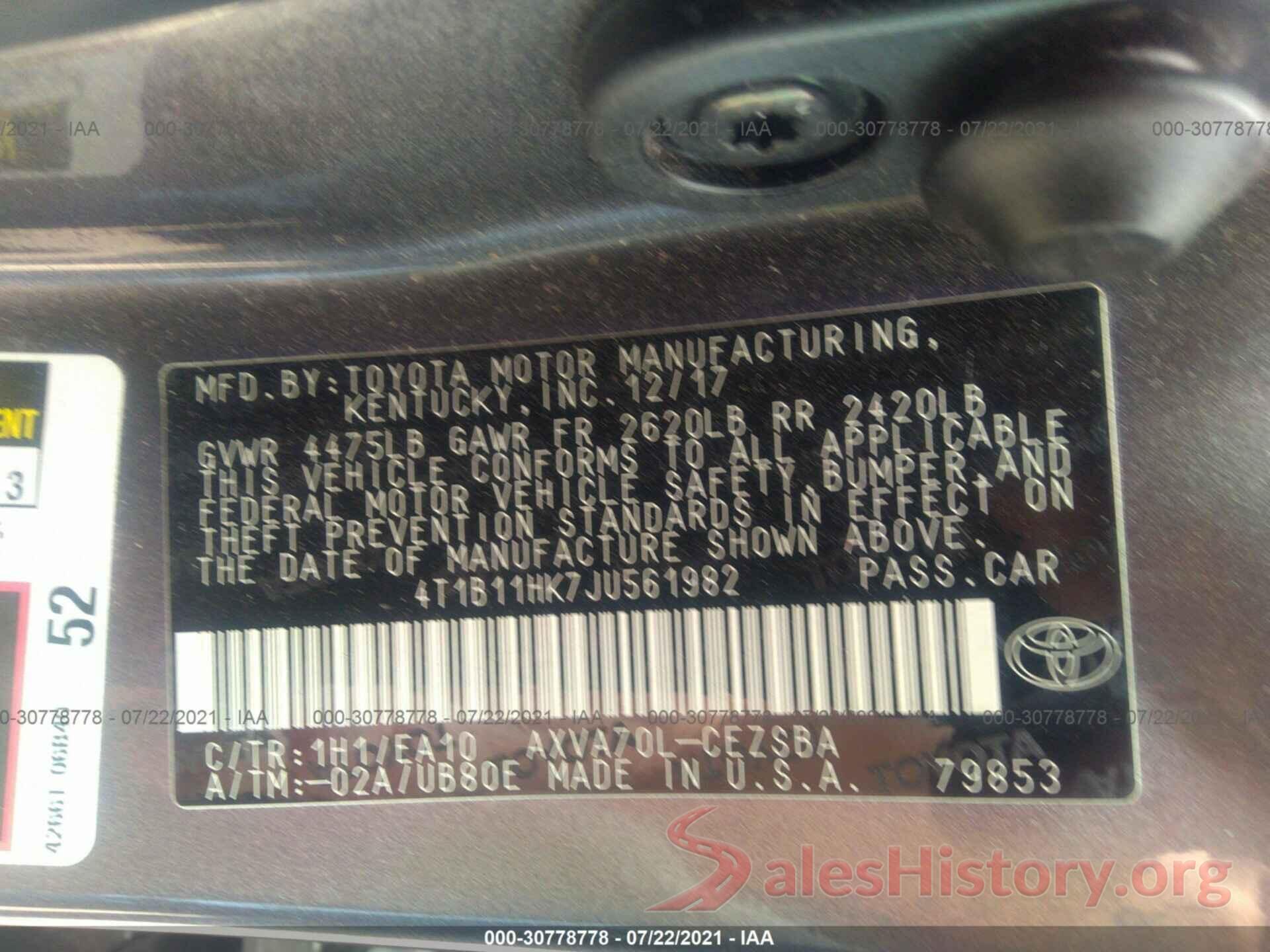 4T1B11HK7JU561982 2018 TOYOTA CAMRY