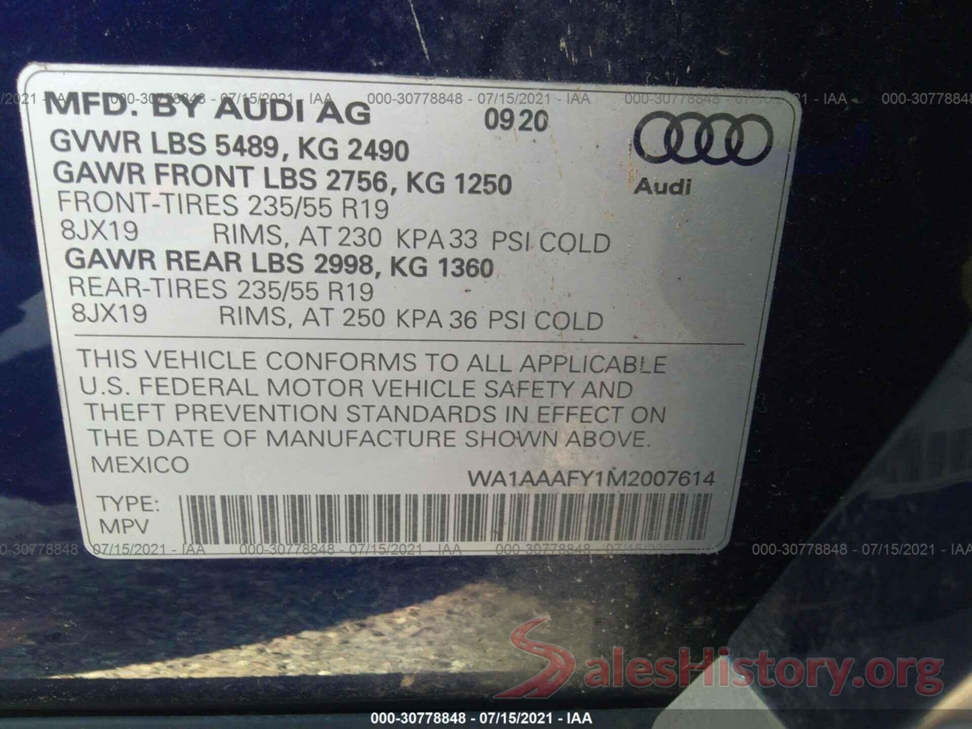 WA1AAAFY1M2007614 2021 AUDI Q5