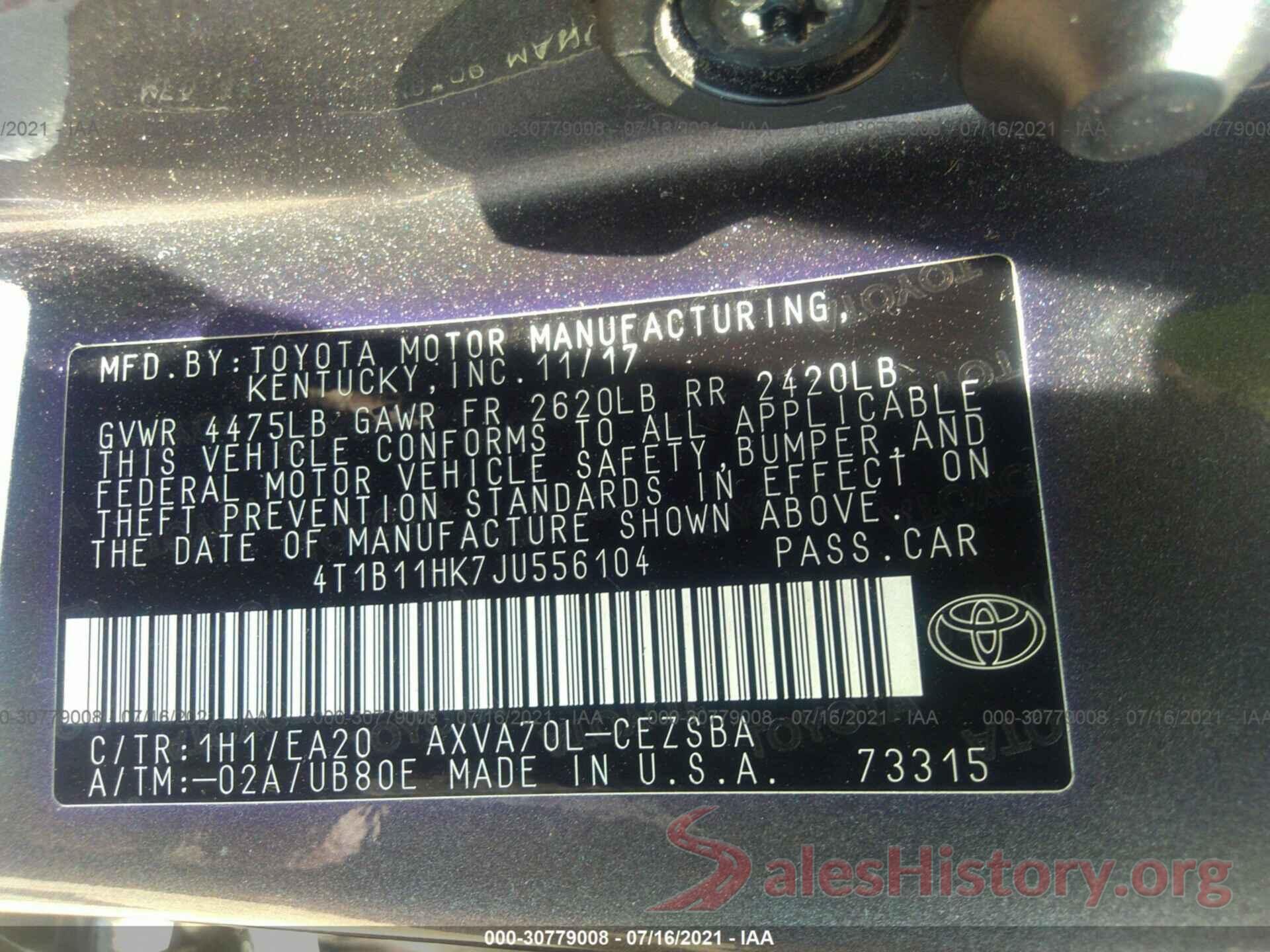 4T1B11HK7JU556104 2018 TOYOTA CAMRY