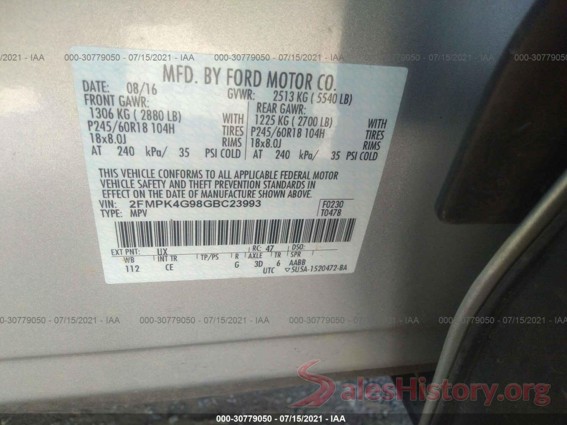 2FMPK4G98GBC23993 2016 FORD EDGE