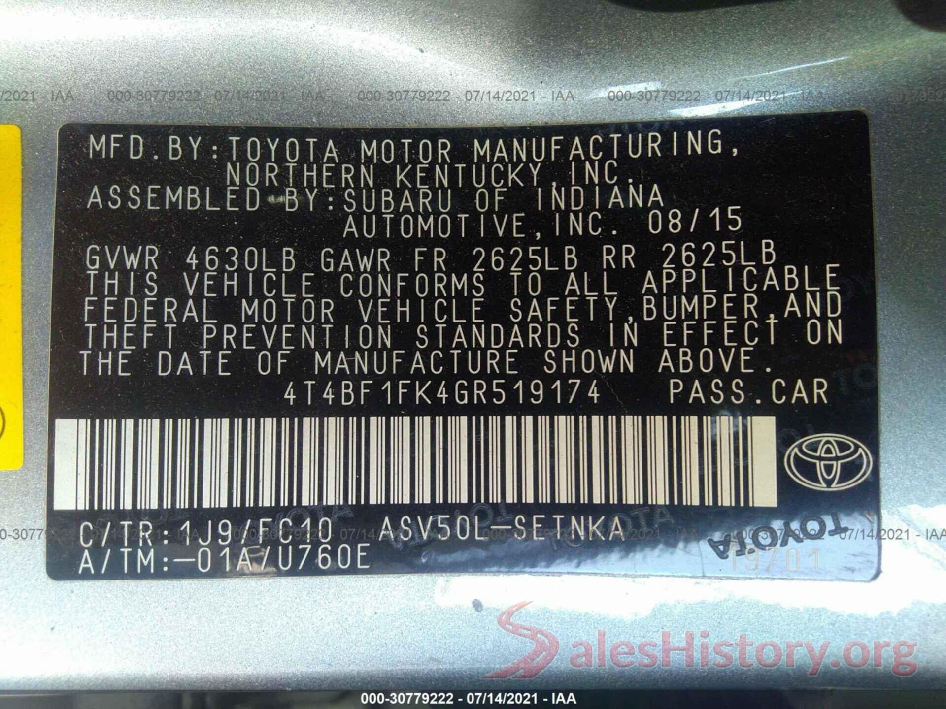 4T4BF1FK4GR519174 2016 TOYOTA CAMRY