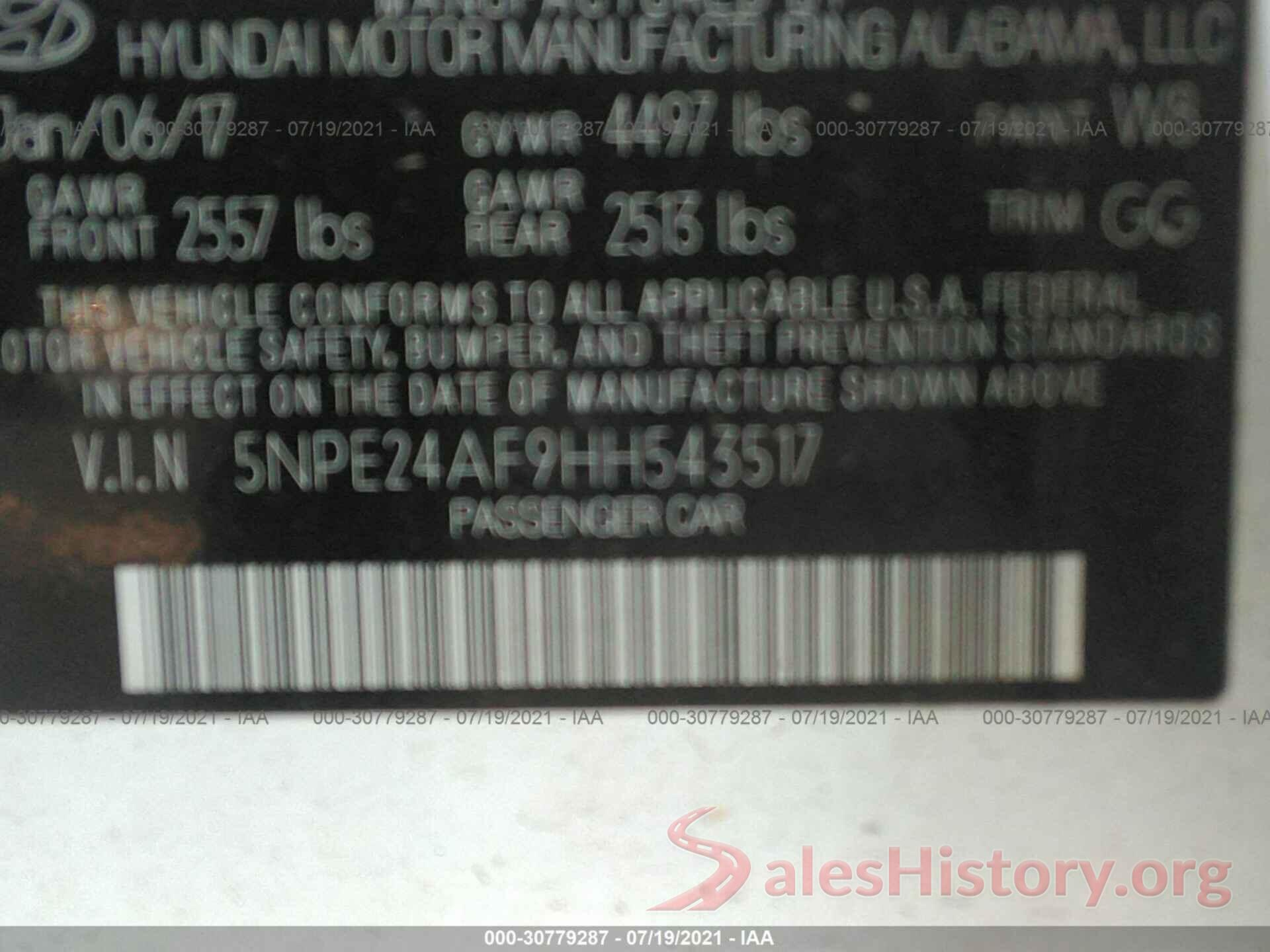 5NPE24AF9HH543517 2017 HYUNDAI SONATA