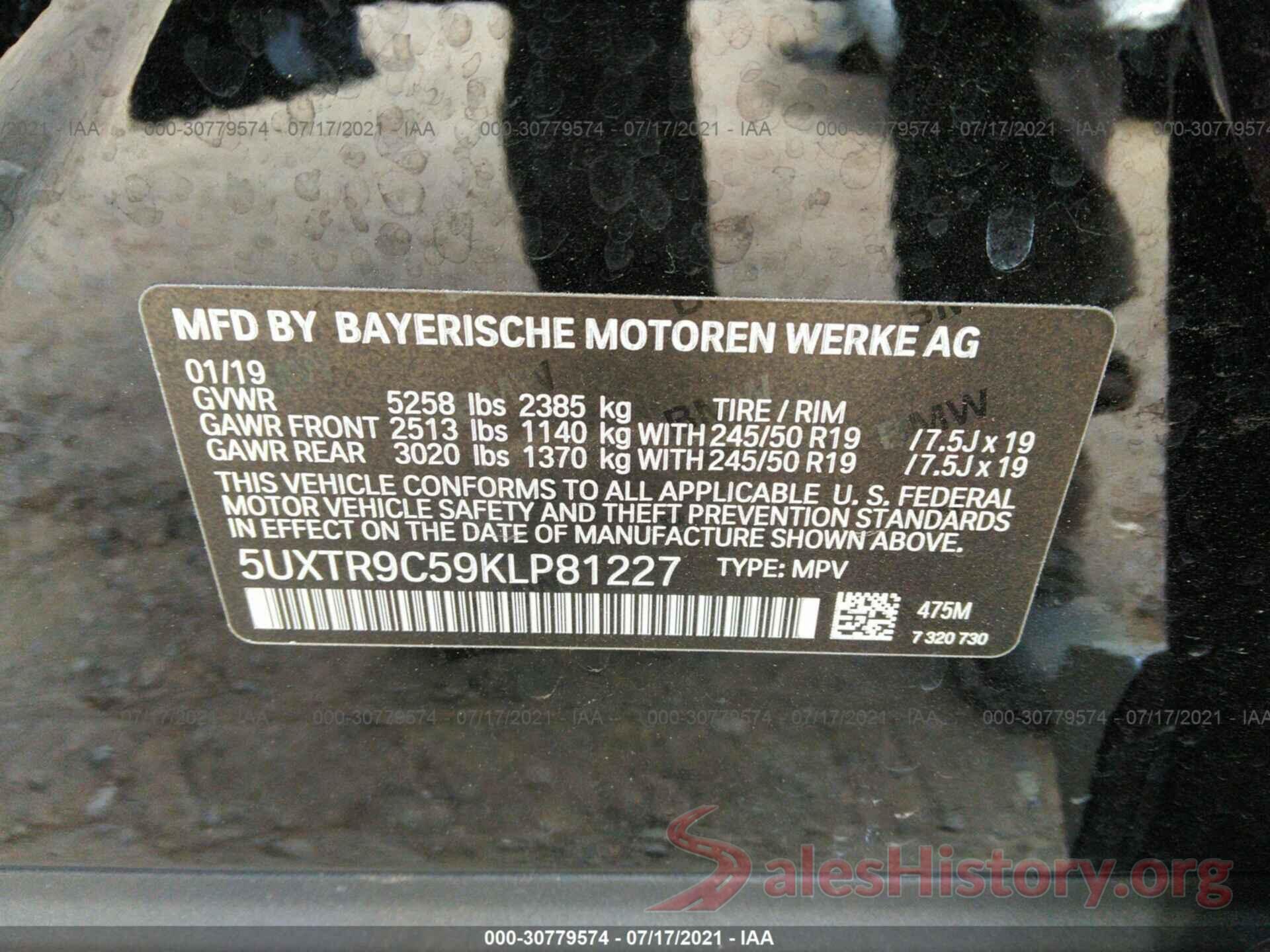 5UXTR9C59KLP81227 2019 BMW X3