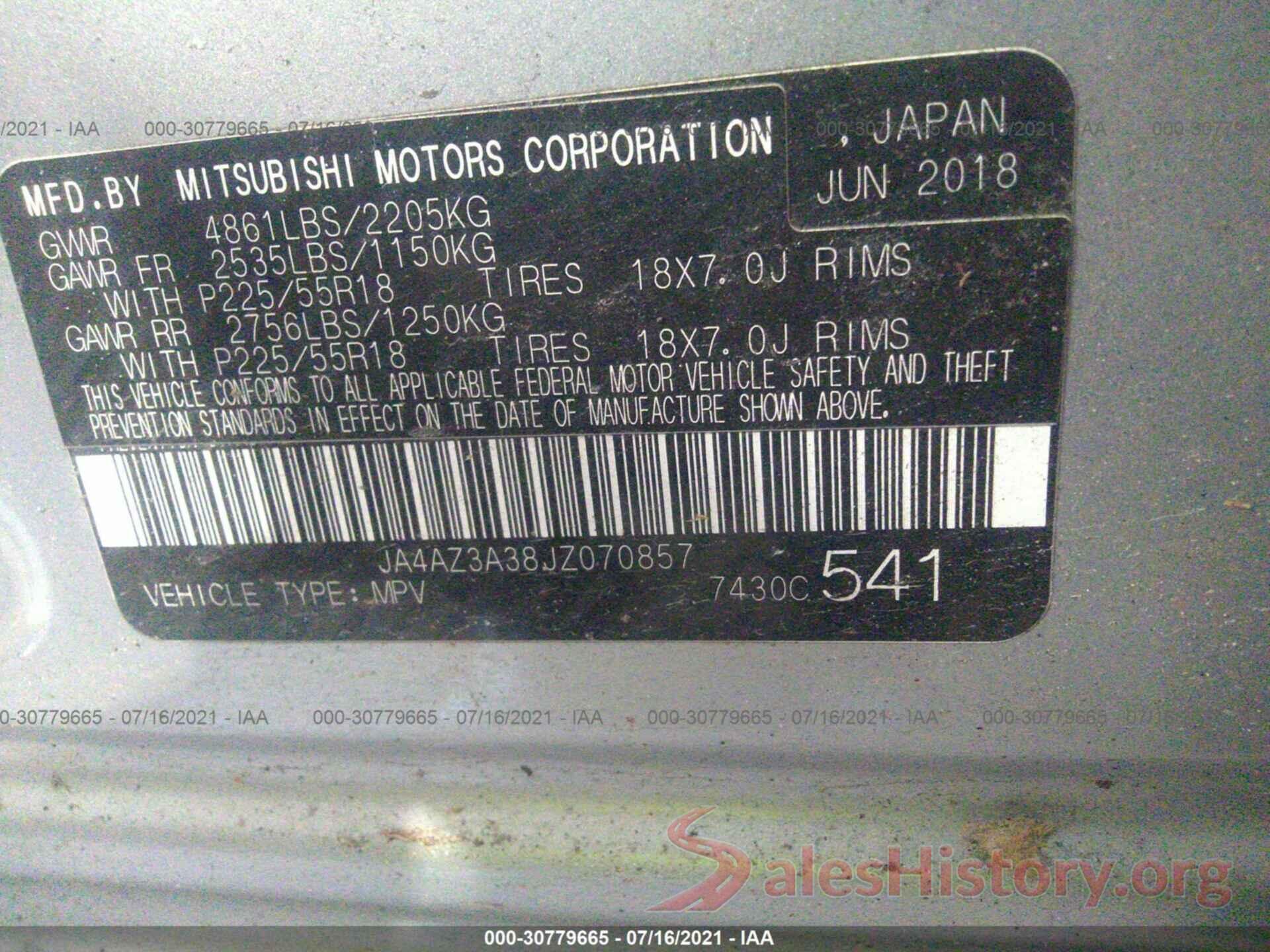 JA4AZ3A38JZ070857 2018 MITSUBISHI OUTLANDER