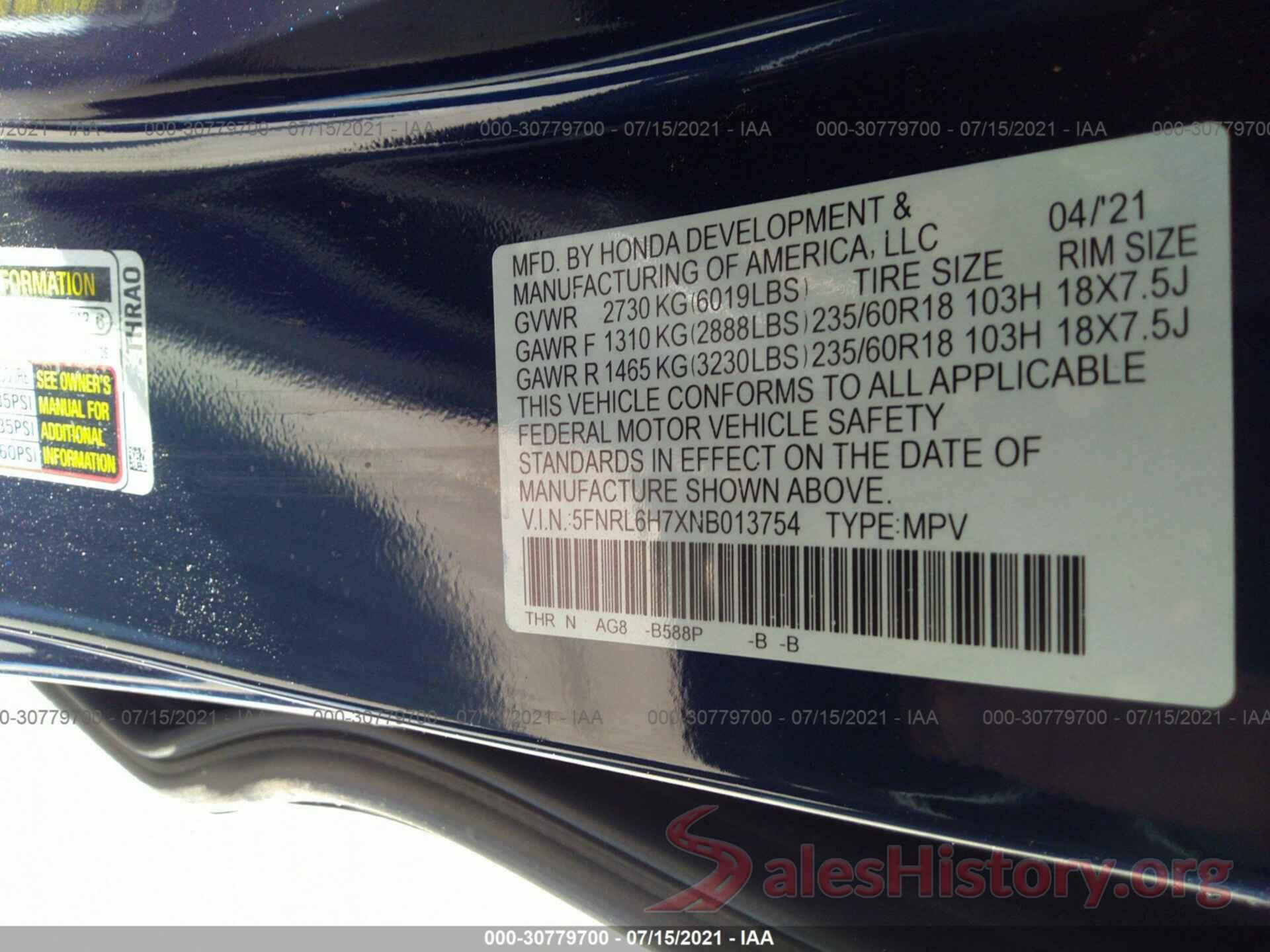 5FNRL6H7XNB013754 2022 HONDA ODYSSEY