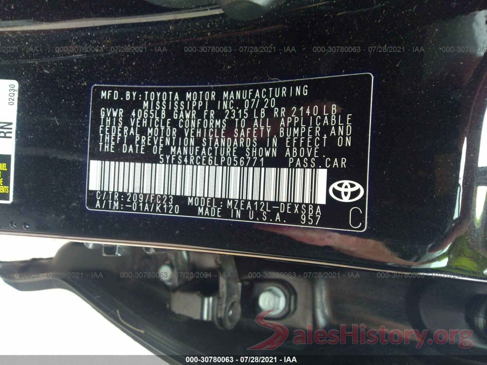 5YFS4RCE6LP056771 2020 TOYOTA COROLLA