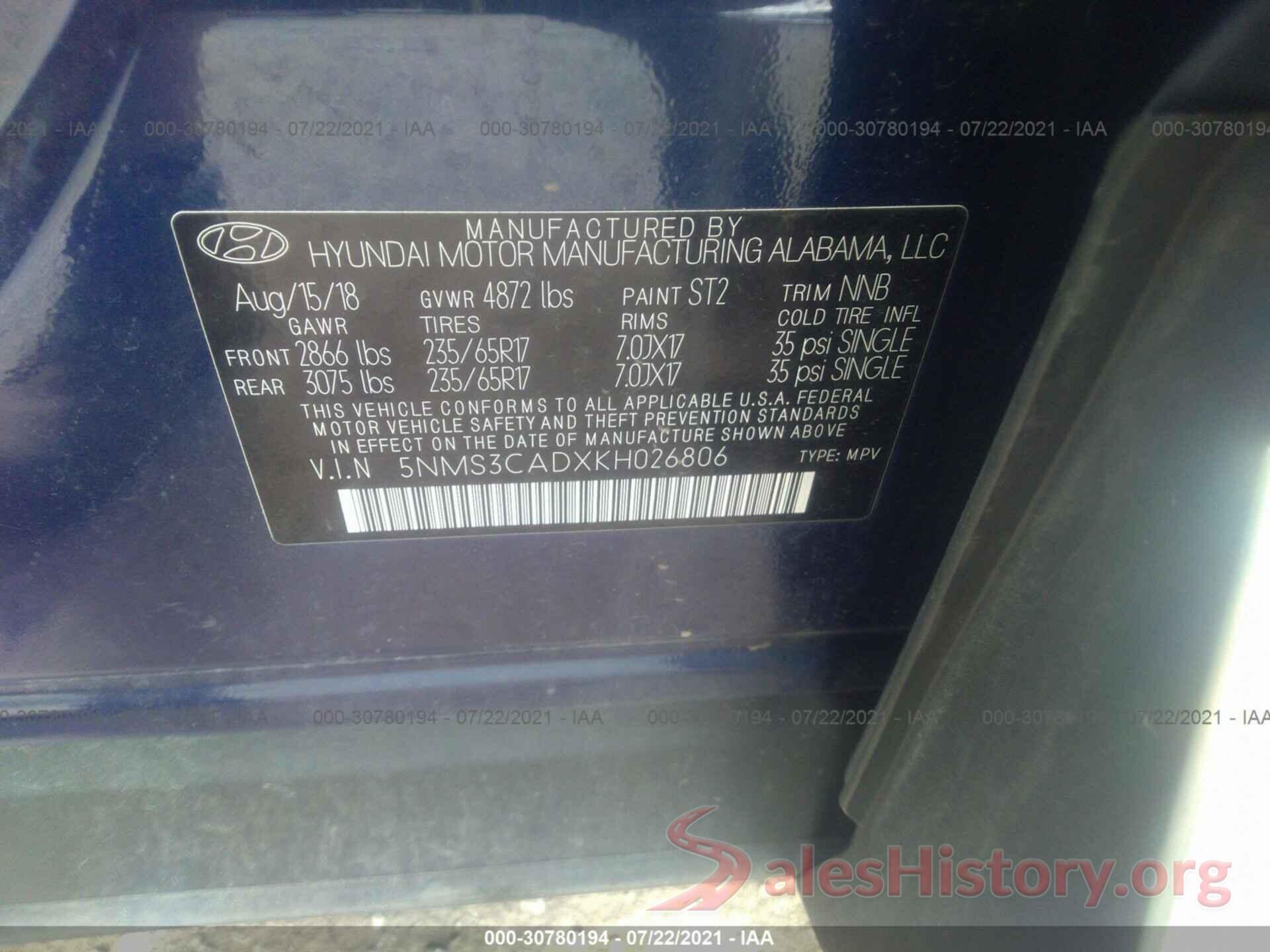 5NMS3CADXKH026806 2019 HYUNDAI SANTA FE