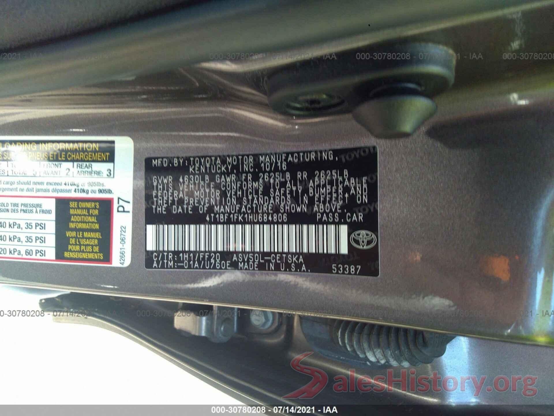 4T1BF1FK1HU684806 2017 TOYOTA CAMRY