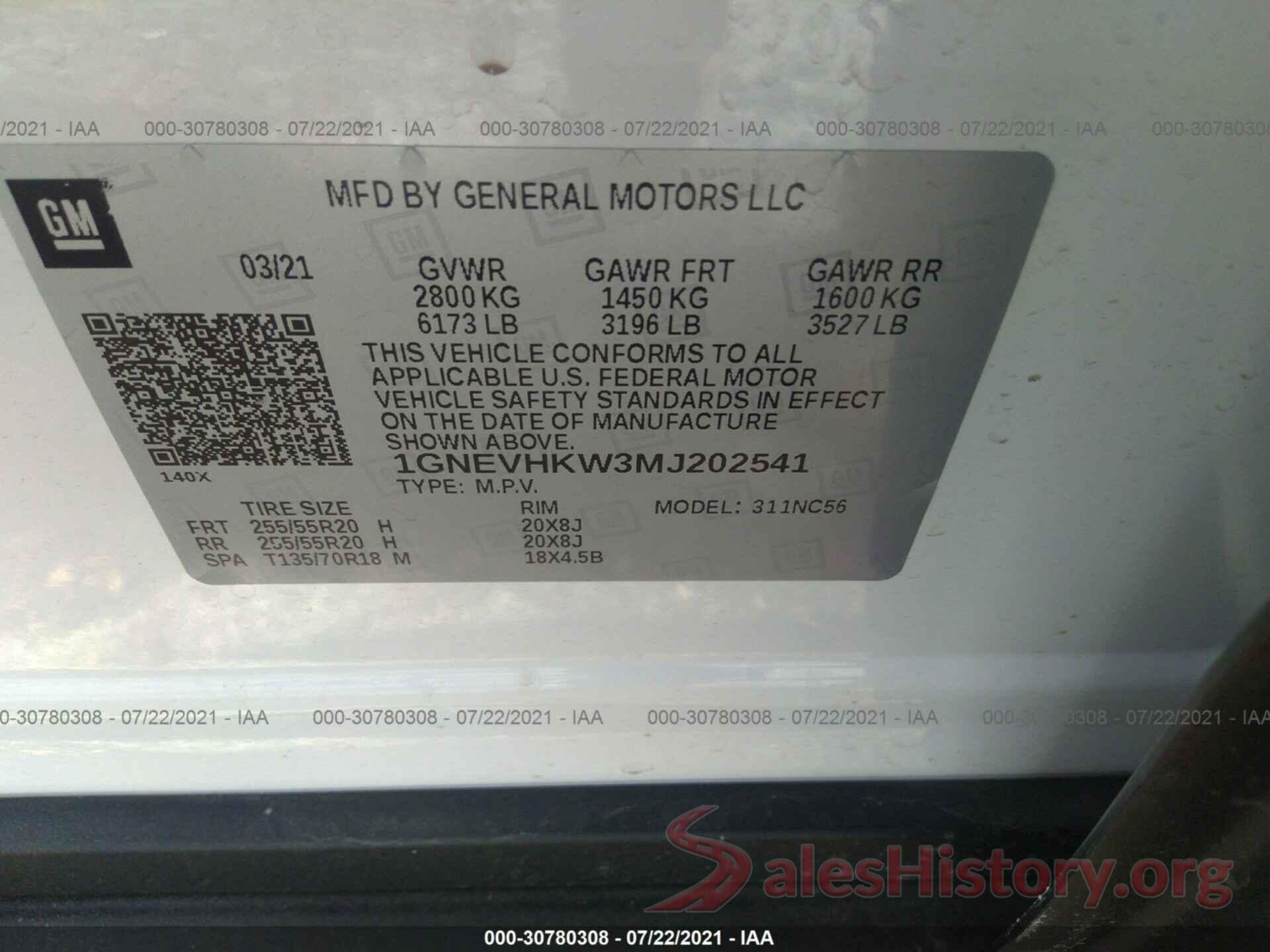 1GNEVHKW3MJ202541 2021 CHEVROLET TRAVERSE