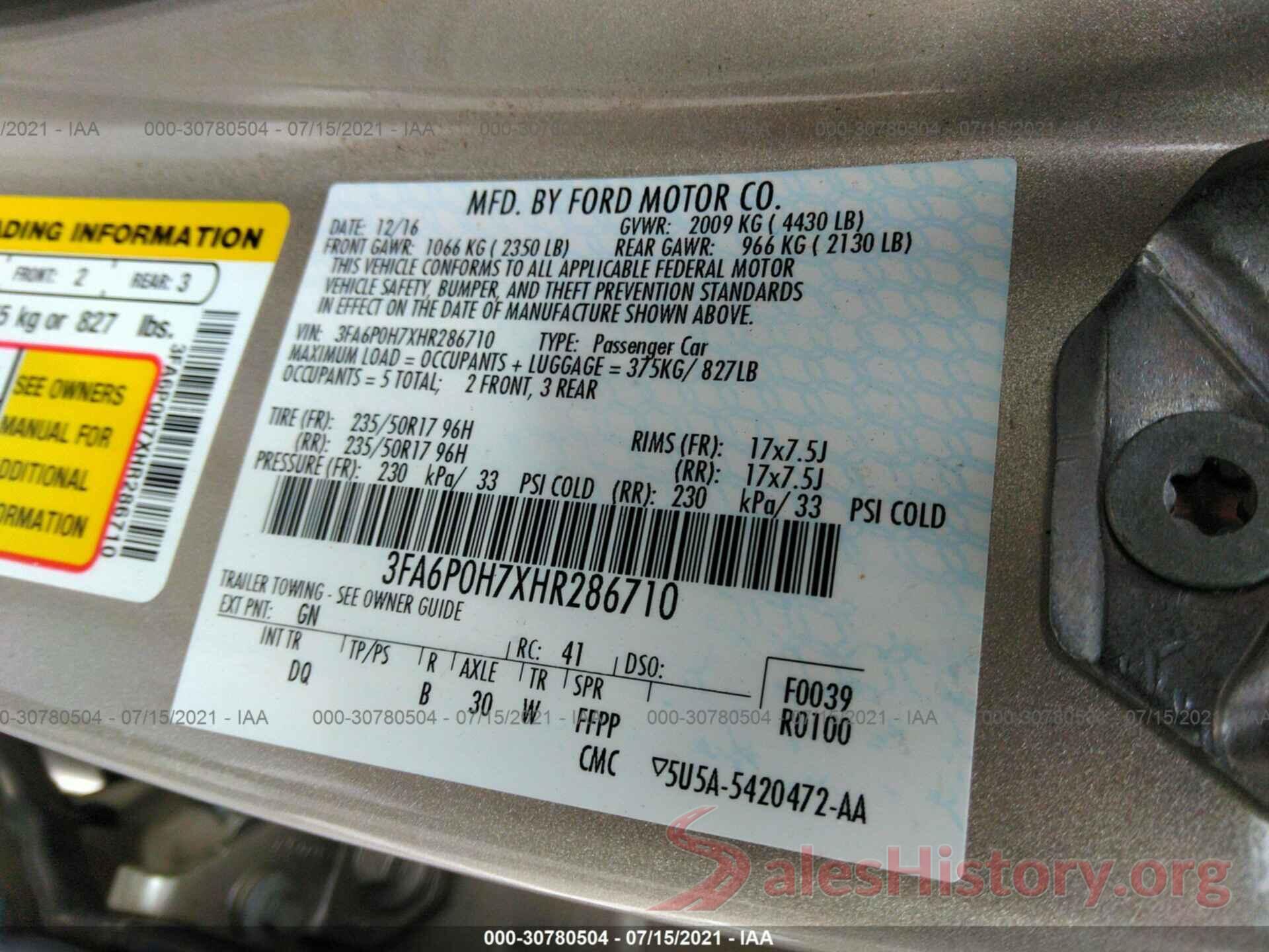 3FA6P0H7XHR286710 2017 FORD FUSION