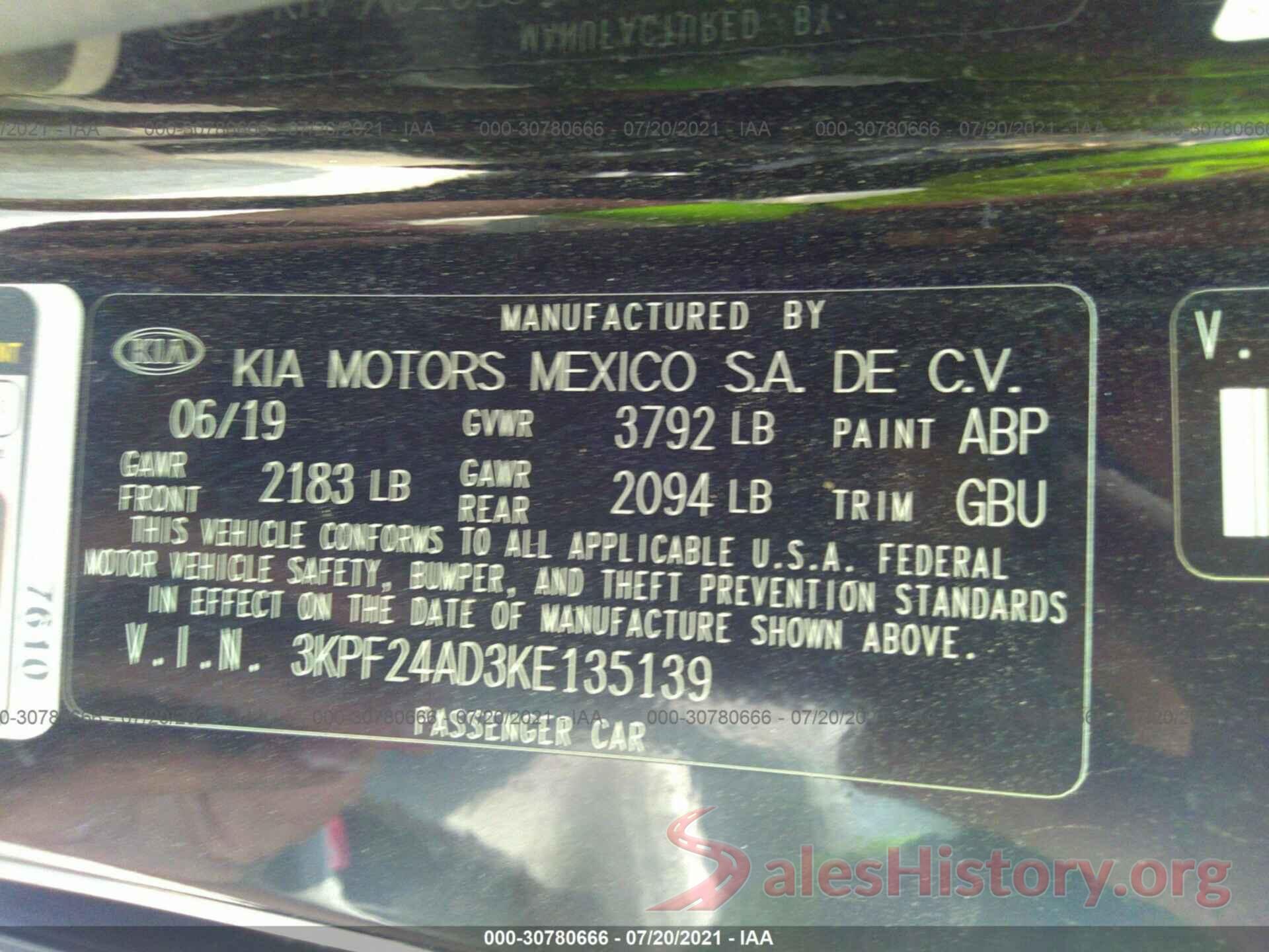 3KPF24AD3KE135139 2019 KIA FORTE