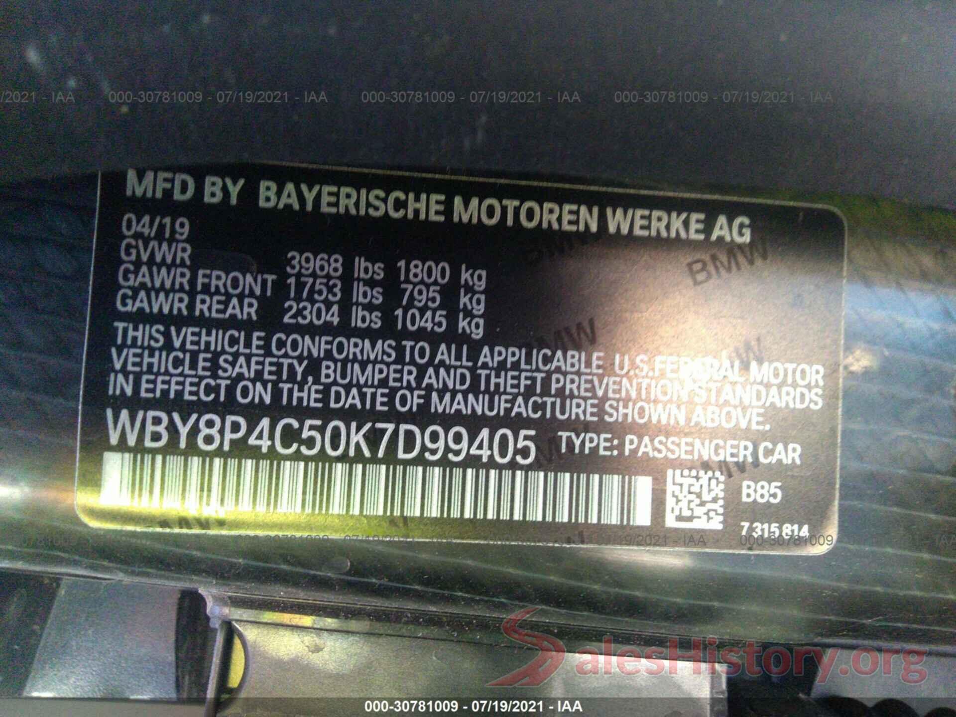 WBY8P4C50K7D99405 2019 BMW I3