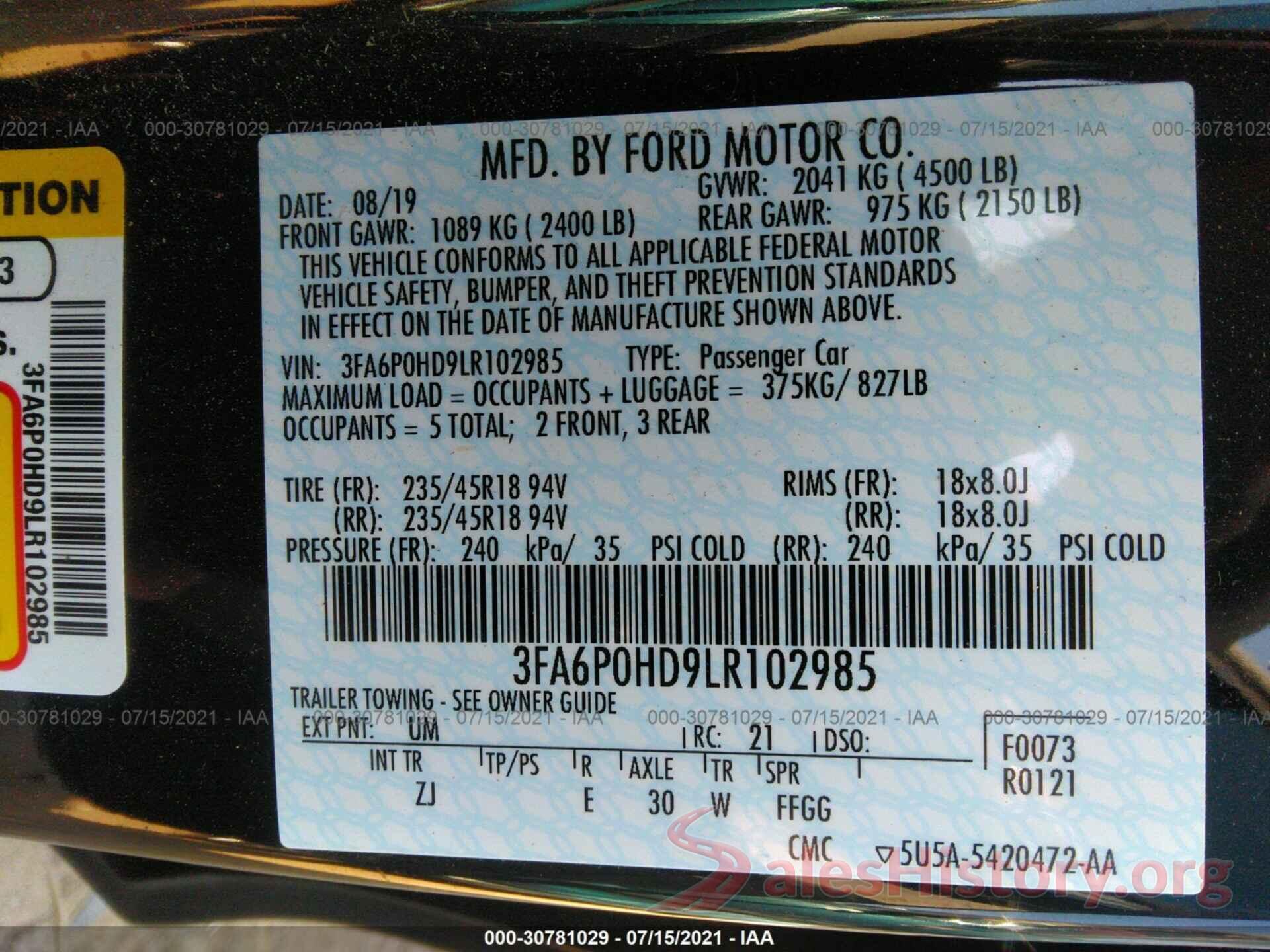 3FA6P0HD9LR102985 2020 FORD FUSION