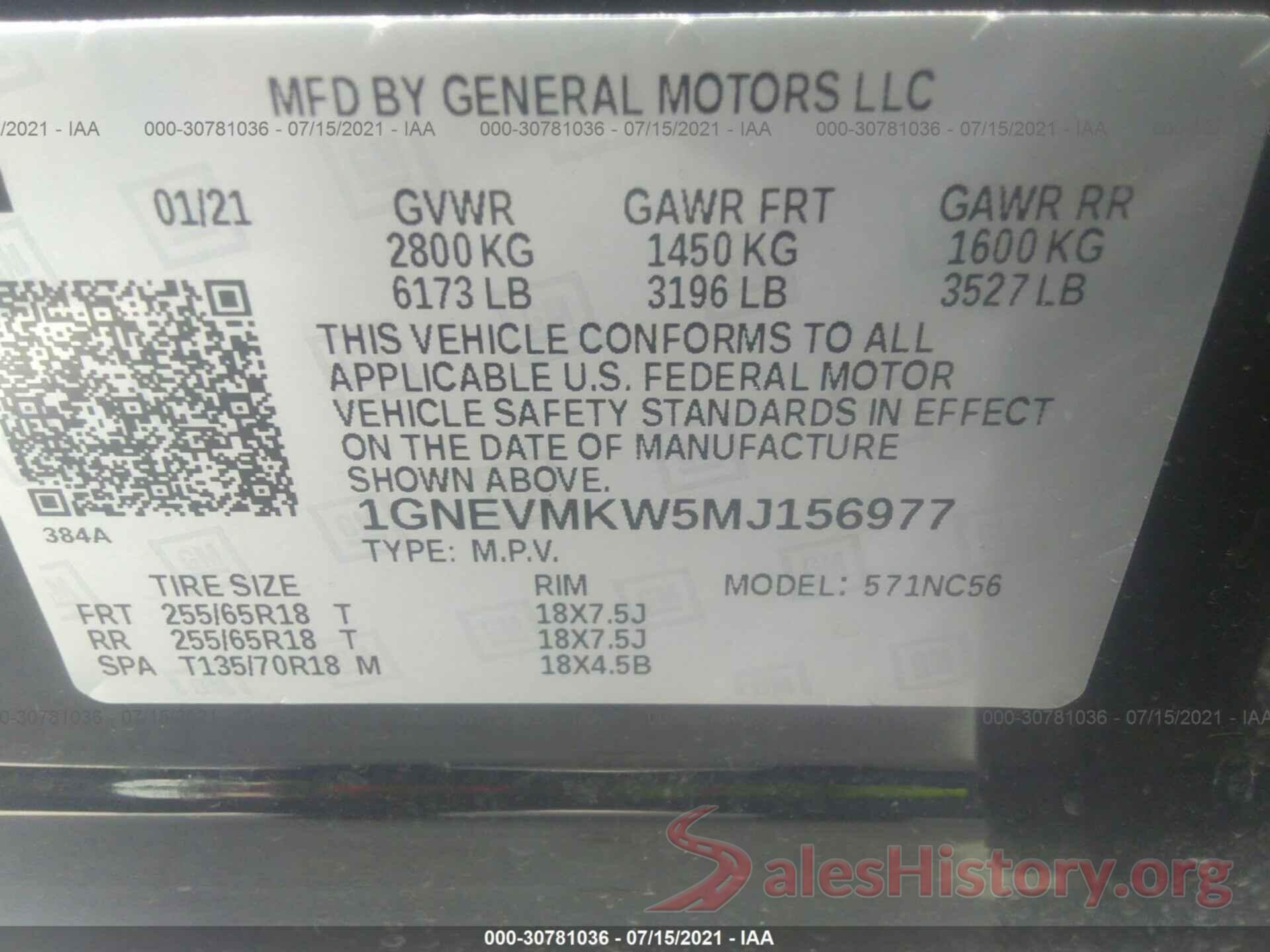 1GNEVMKW5MJ156977 2021 CHEVROLET TRAVERSE