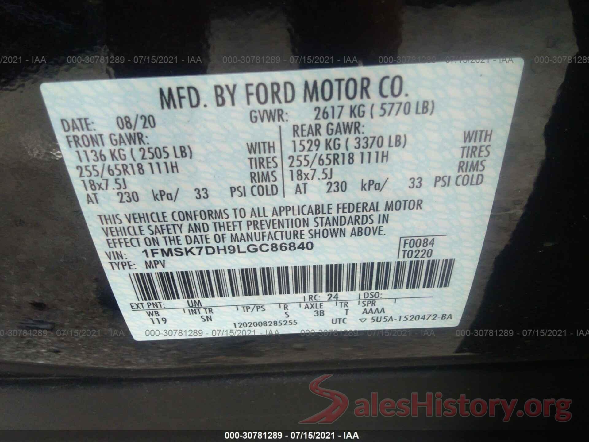 1FMSK7DH9LGC86840 2020 FORD EXPLORER