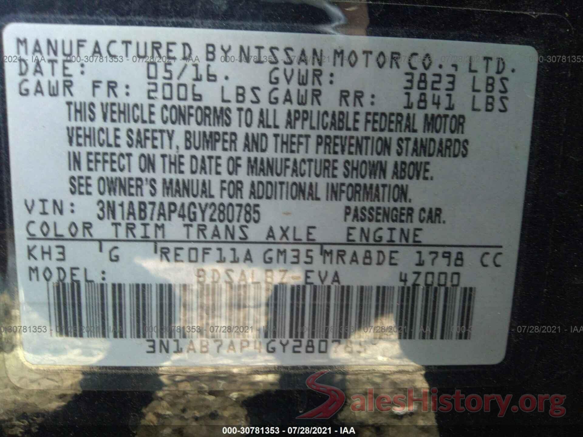 3N1AB7AP4GY280785 2016 NISSAN SENTRA