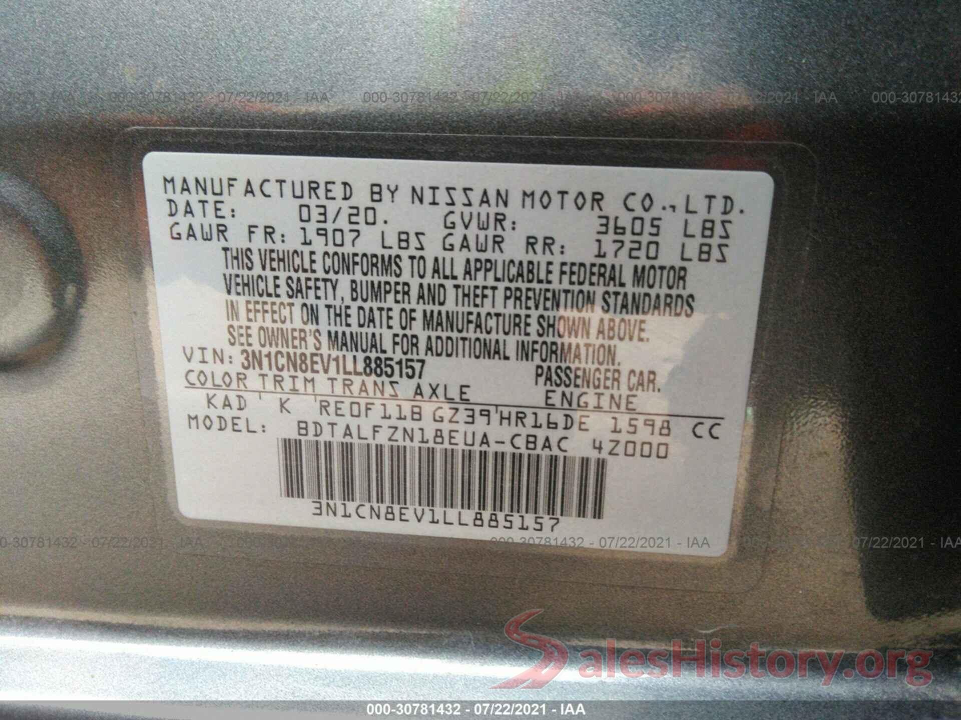 3N1CN8EV1LL885157 2020 NISSAN VERSA