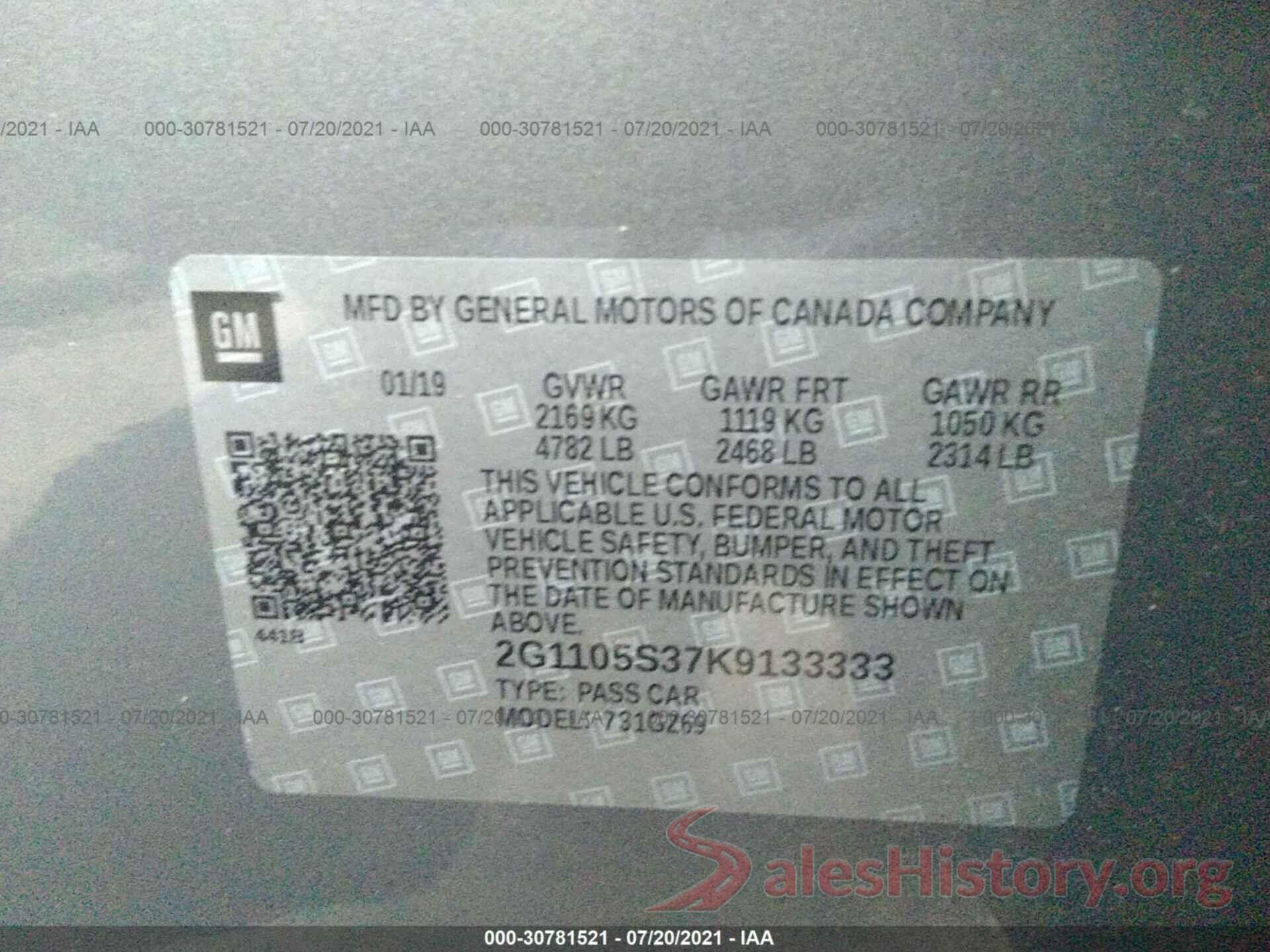 2G1105S37K9133333 2019 CHEVROLET IMPALA