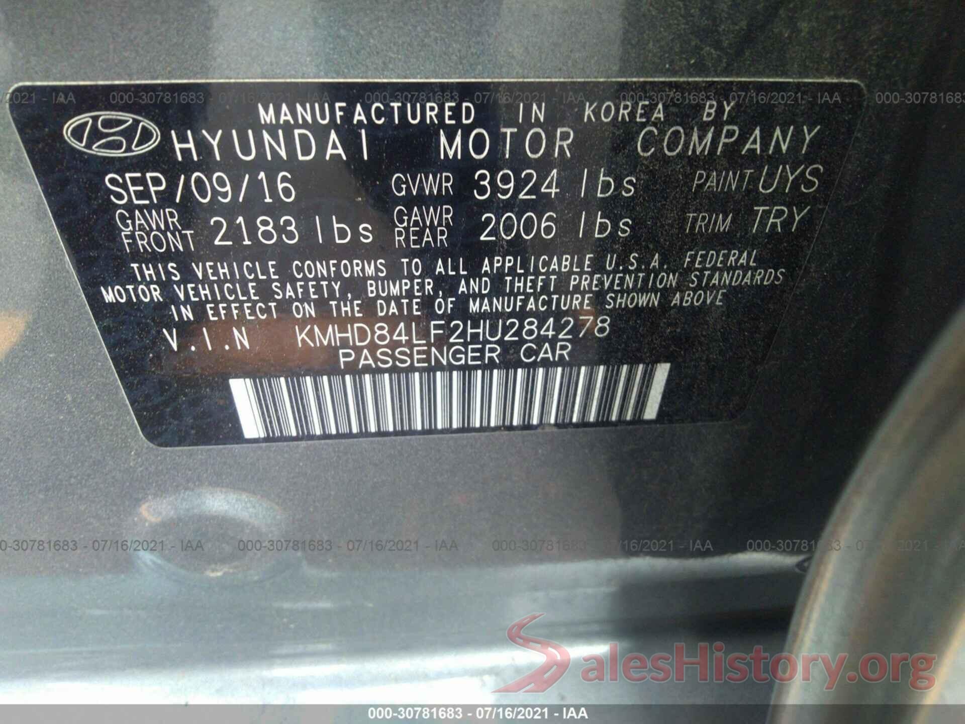 KMHD84LF2HU284278 2017 HYUNDAI ELANTRA