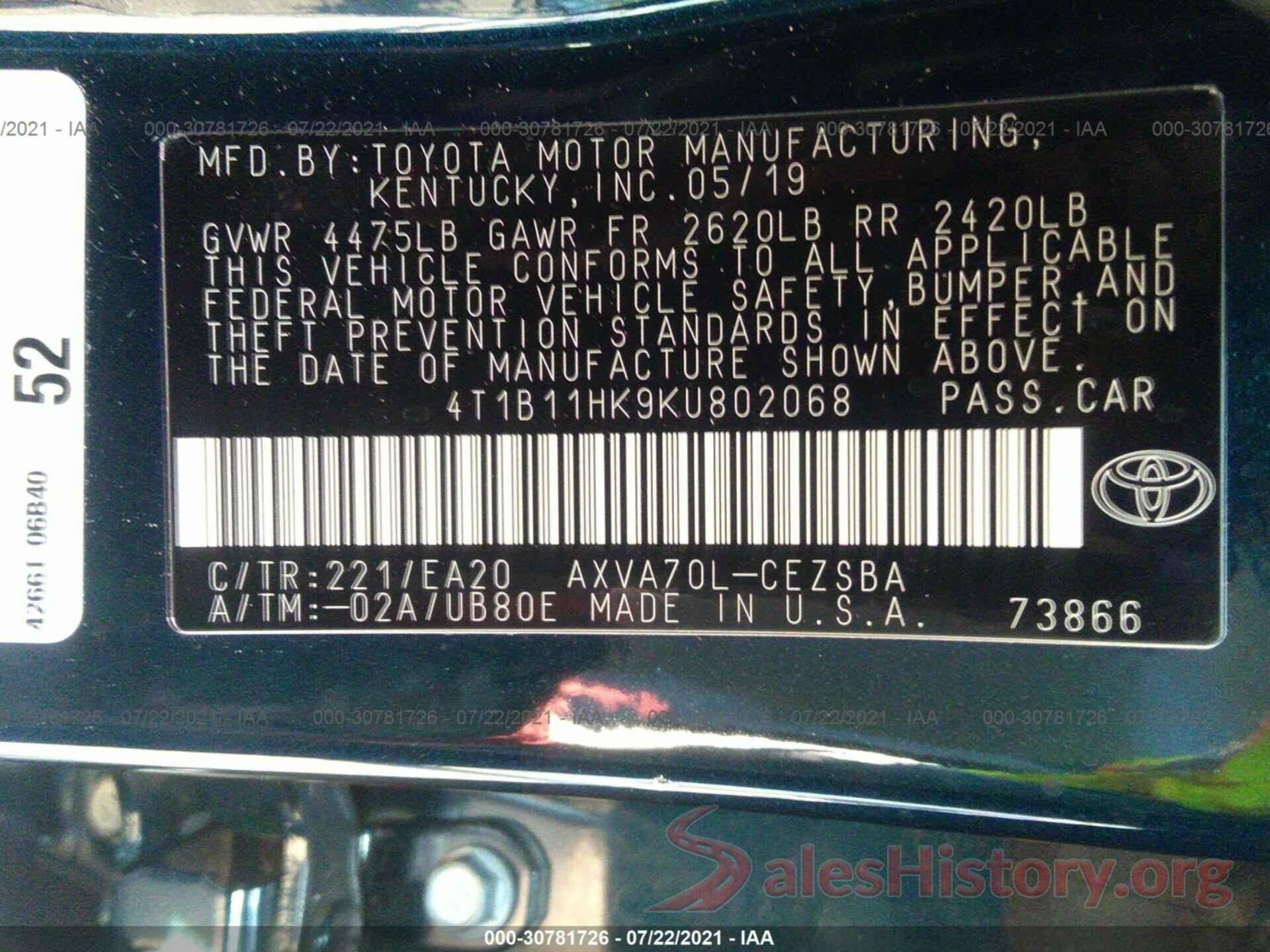 4T1B11HK9KU802068 2019 TOYOTA CAMRY