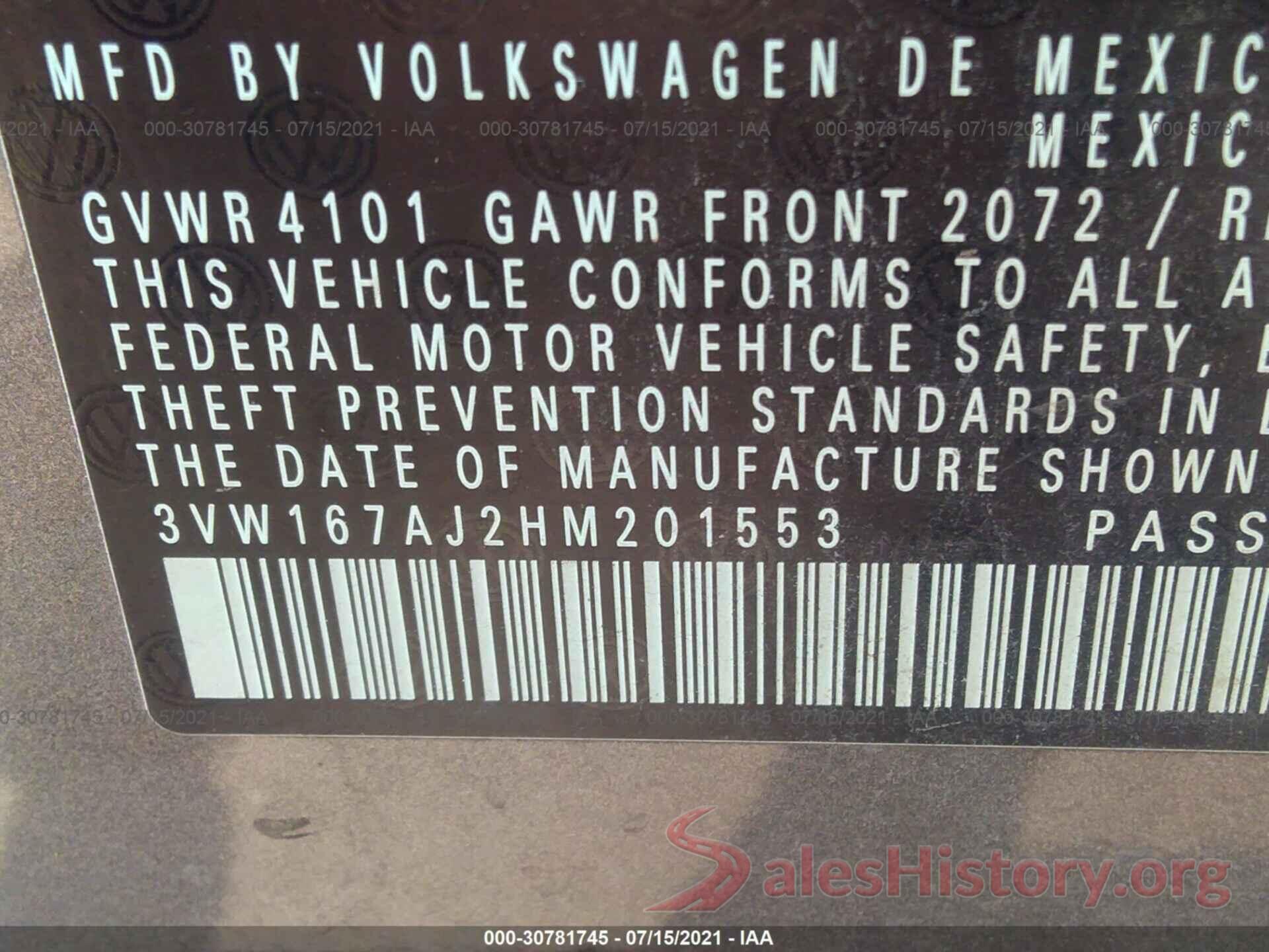 3VW167AJ2HM201553 2017 VOLKSWAGEN JETTA