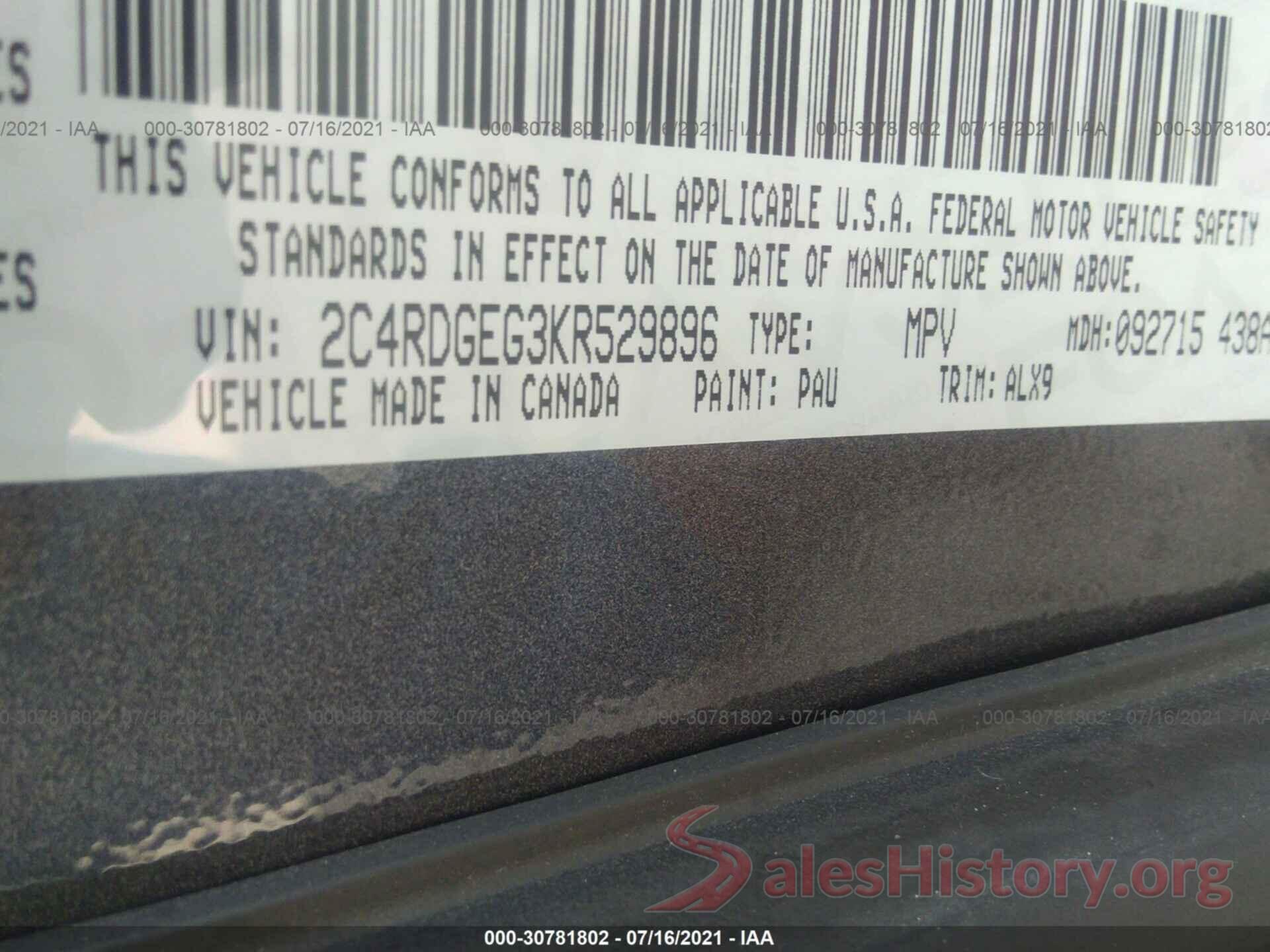 2C4RDGEG3KR529896 2019 DODGE GRAND CARAVAN