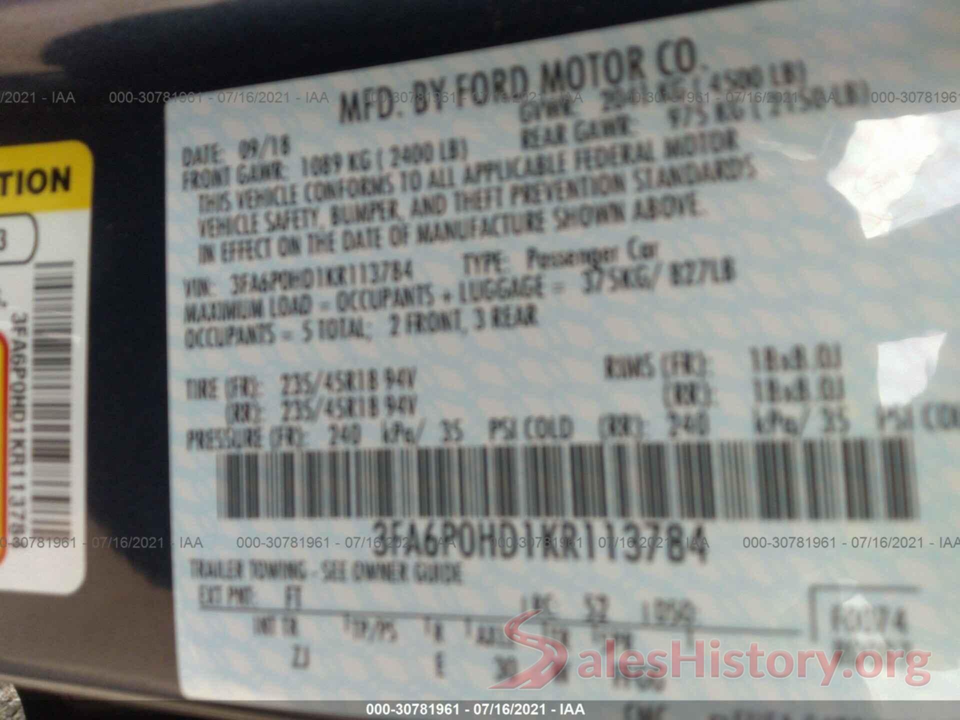 3FA6P0HD1KR113784 2019 FORD FUSION