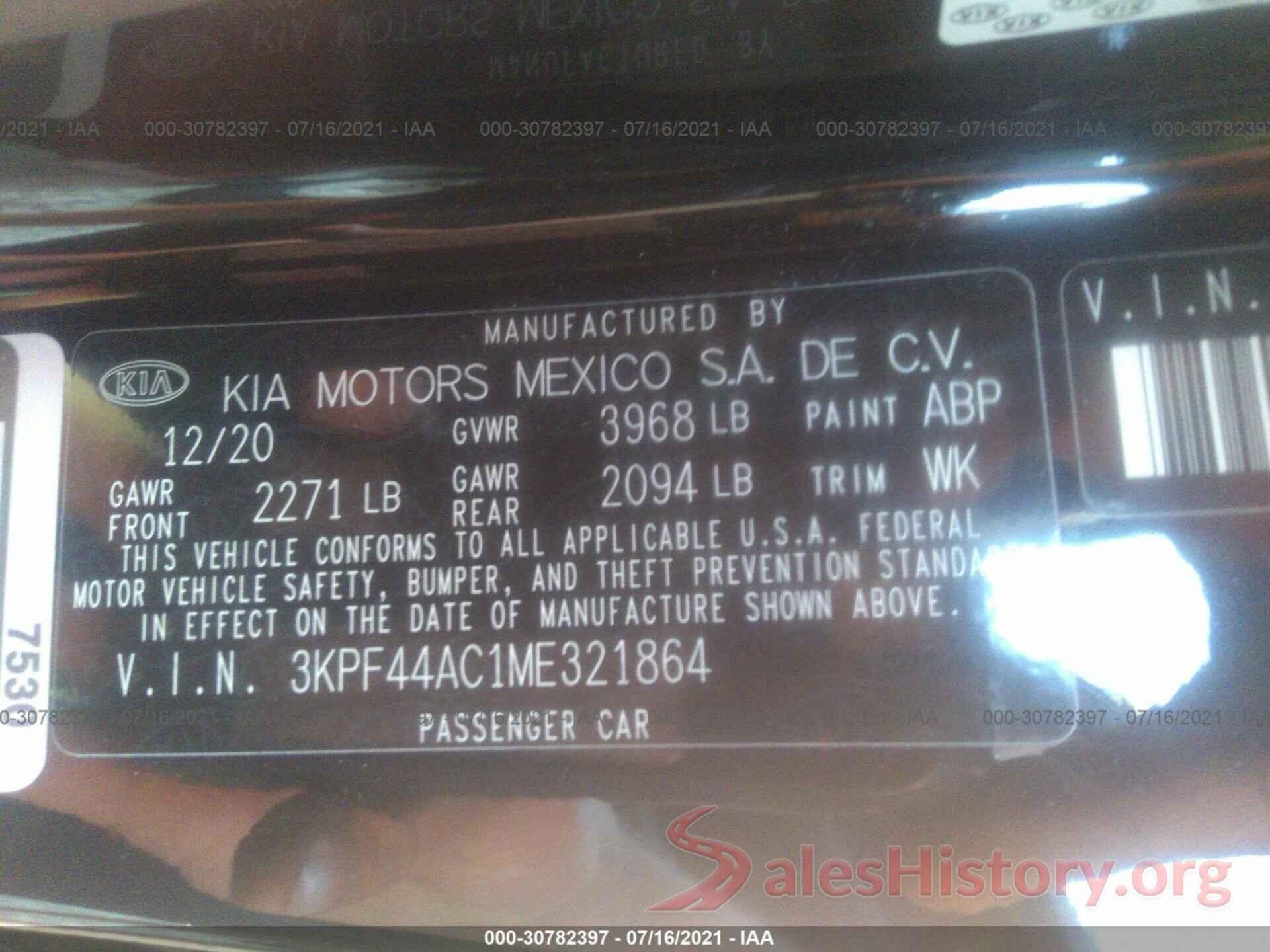 3KPF44AC1ME321864 2021 KIA FORTE