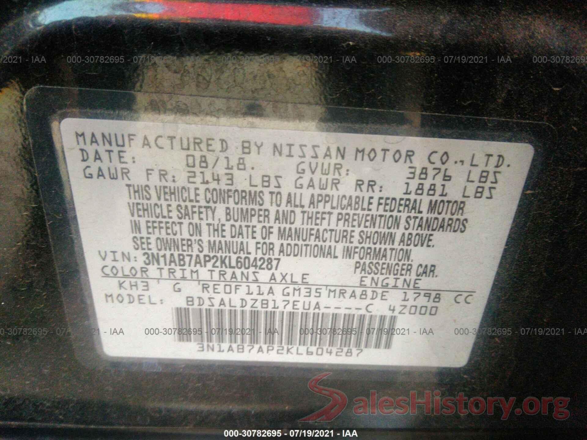 3N1AB7AP2KL604287 2019 NISSAN SENTRA