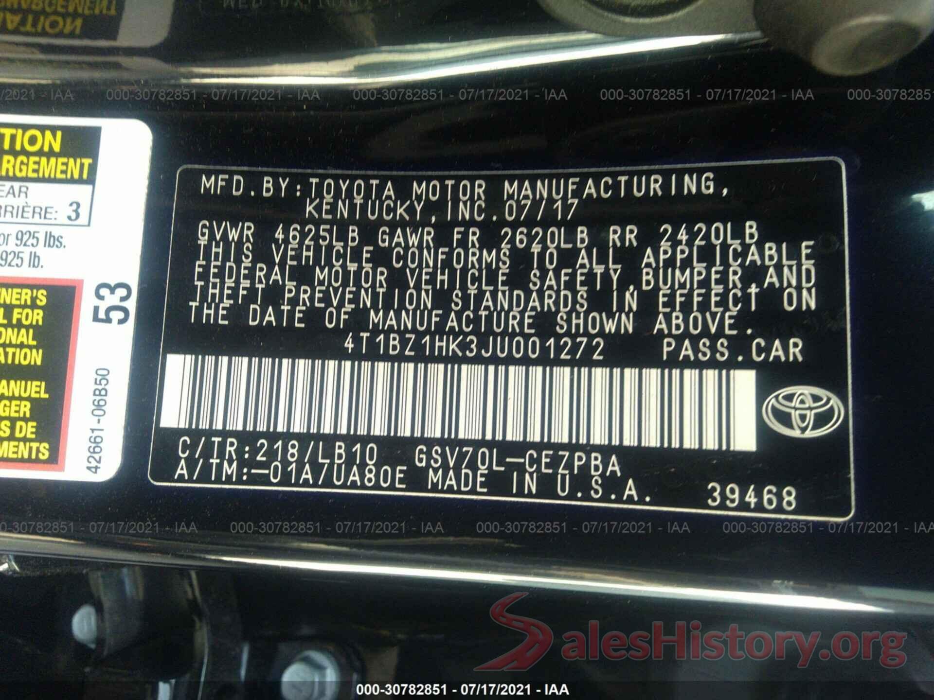 4T1BZ1HK3JU001272 2018 TOYOTA CAMRY